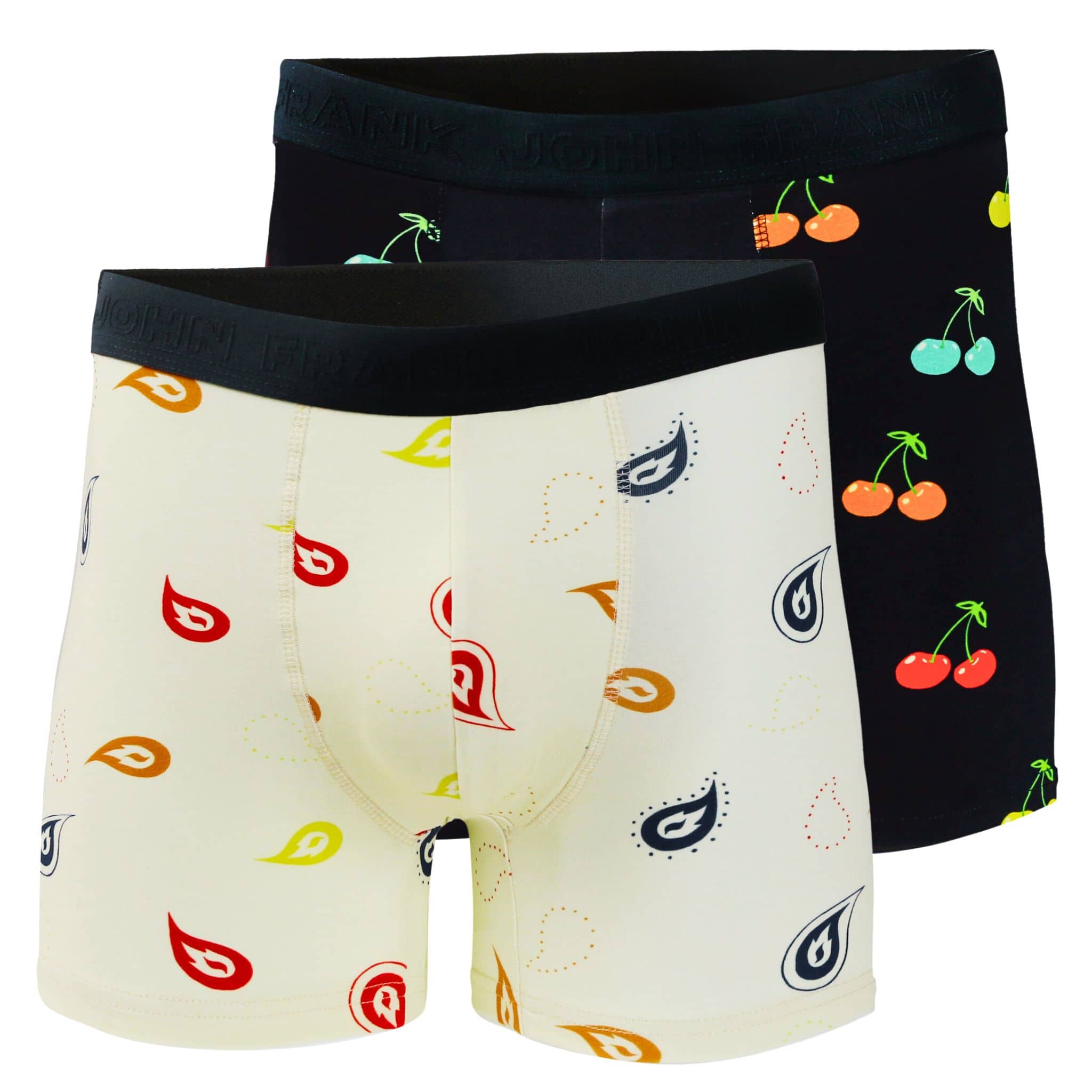 Full pack view of men’s 95% cotton boxer brief 2-pack — one cream with colorful paisley print, one navy with multicolor cherry print