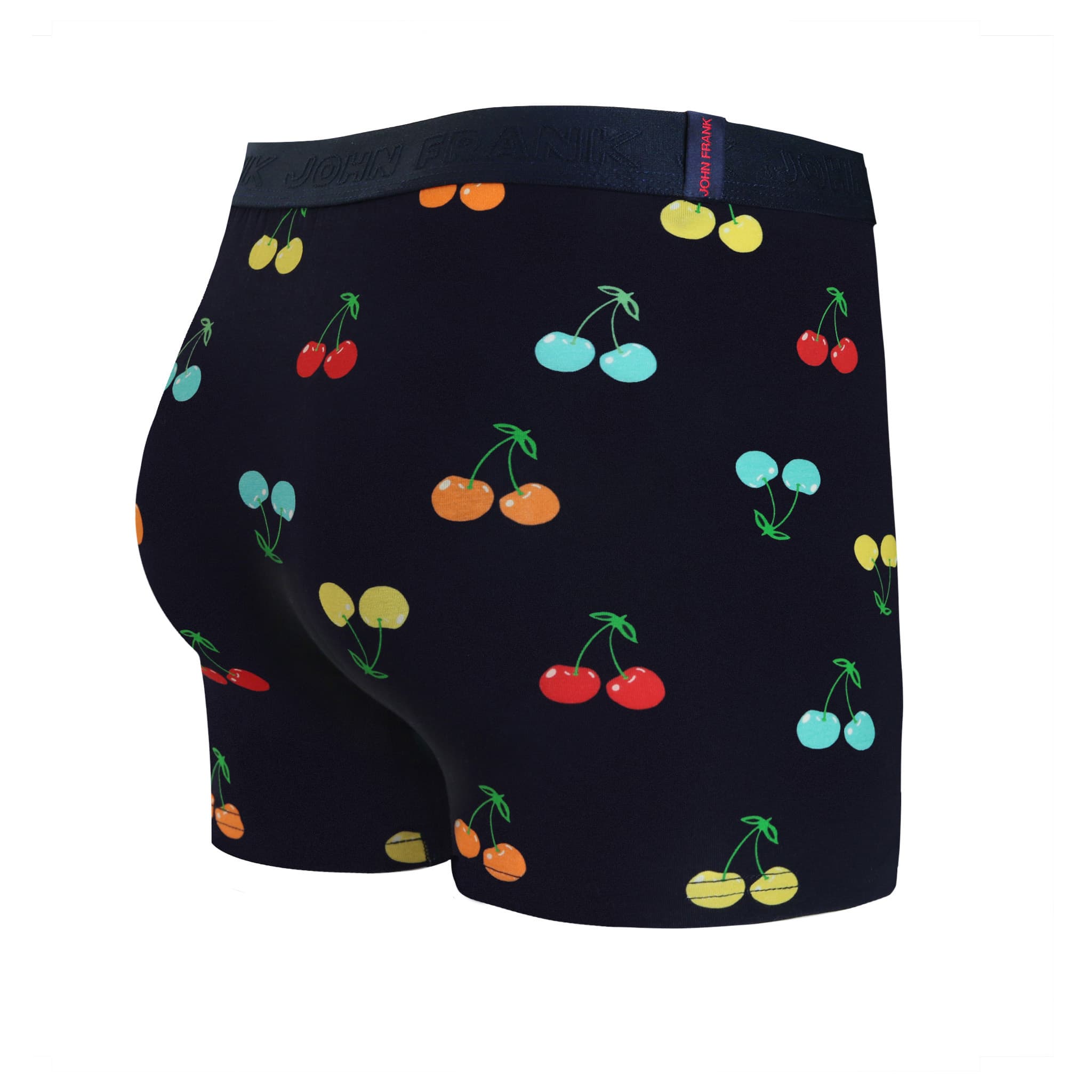 Back view of men’s 95% cotton boxer brief in navy with multicolor cherry print, smooth waistband, and rear detail