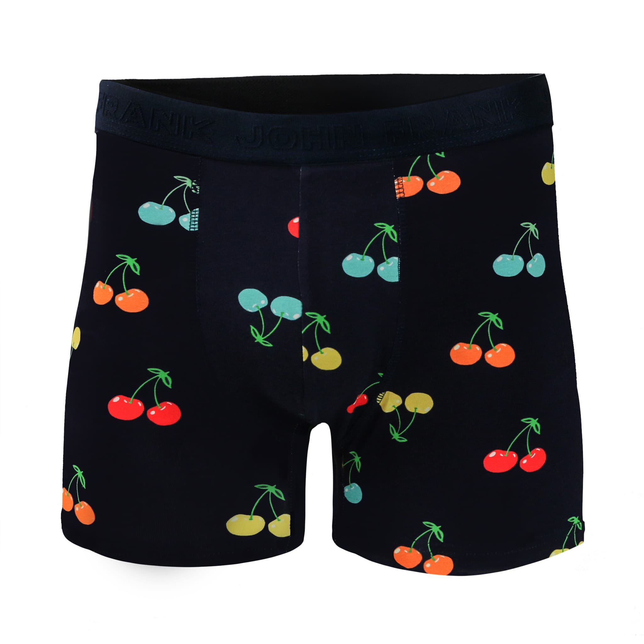 Front view of men’s 95% cotton boxer brief in navy with multicolor cherry print, soft stretch, and no-roll waistband