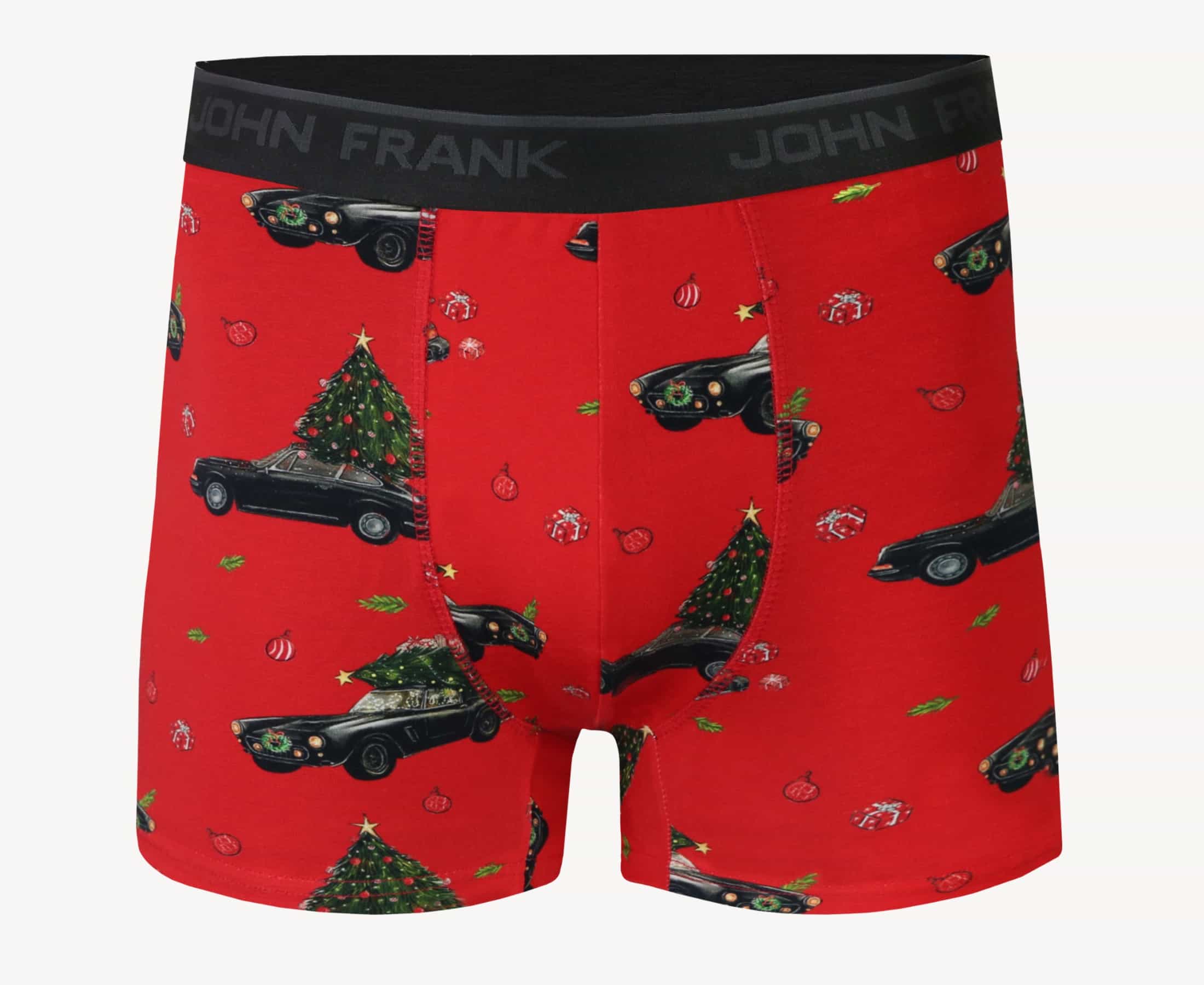 Front view of men’s 95% cotton boxer brief in red with Christmas tree shopping print, soft stretch, and no-roll waistband