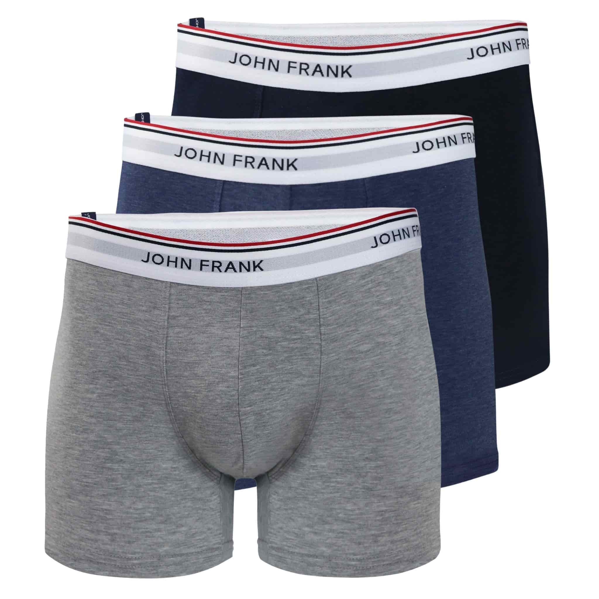 Full pack view of men’s 95% cotton boxer brief 3-pack — one stone gray, one slate blue, and one navy with white striped waistbands