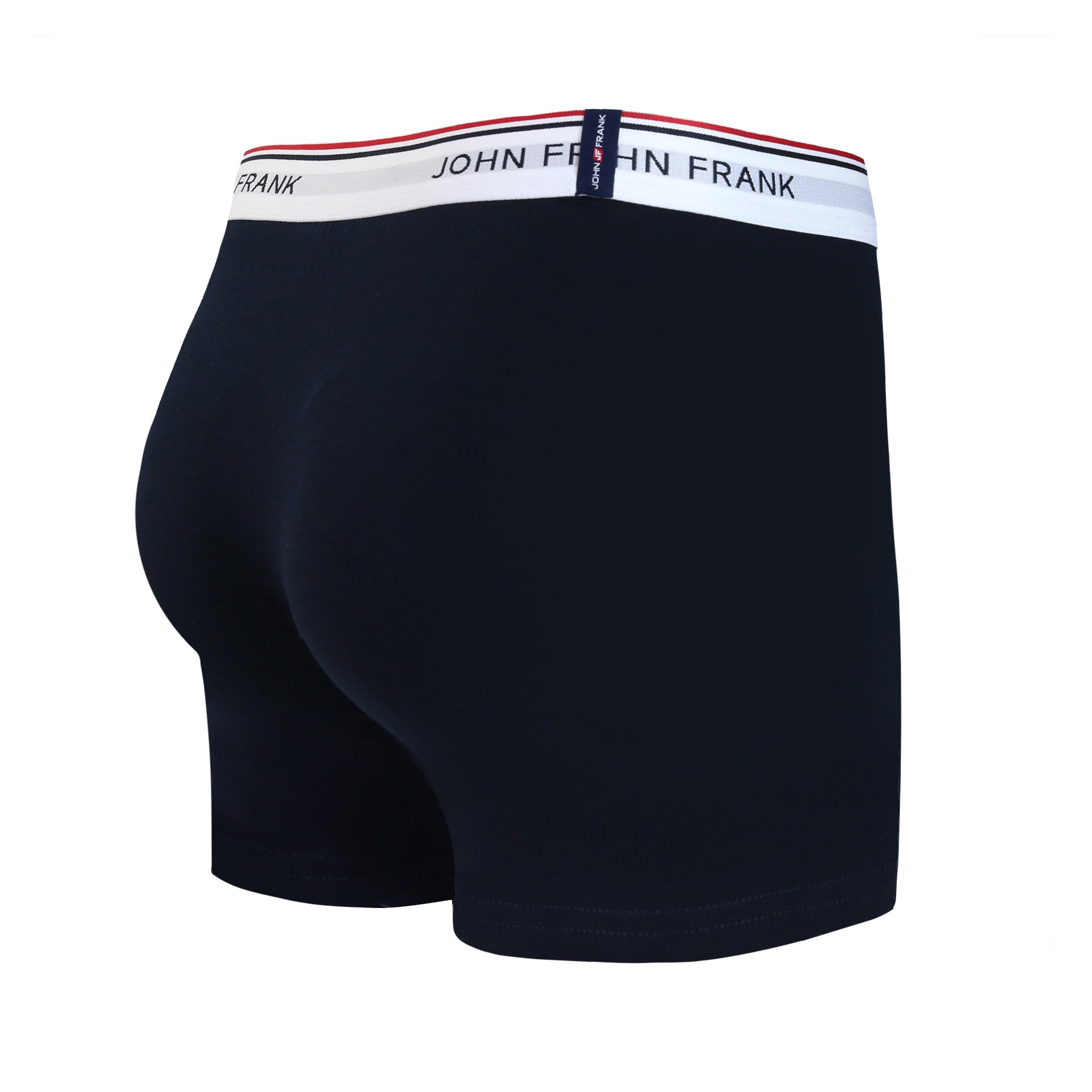 Back view of men’s 95% cotton boxer brief in midnight blue with white striped waistband and rear detail