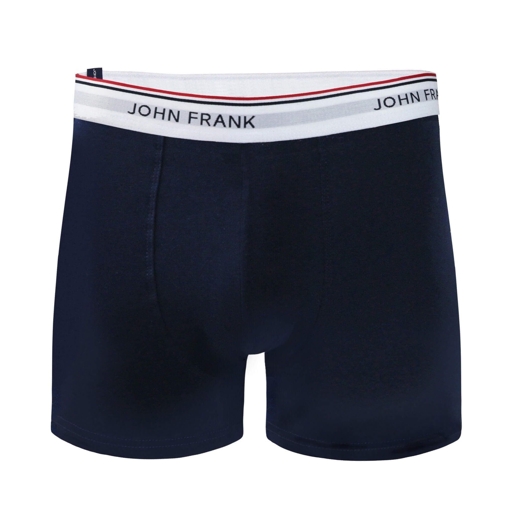 Front view of men’s 95% cotton boxer brief in midnight blue with white striped waistband and soft stretch