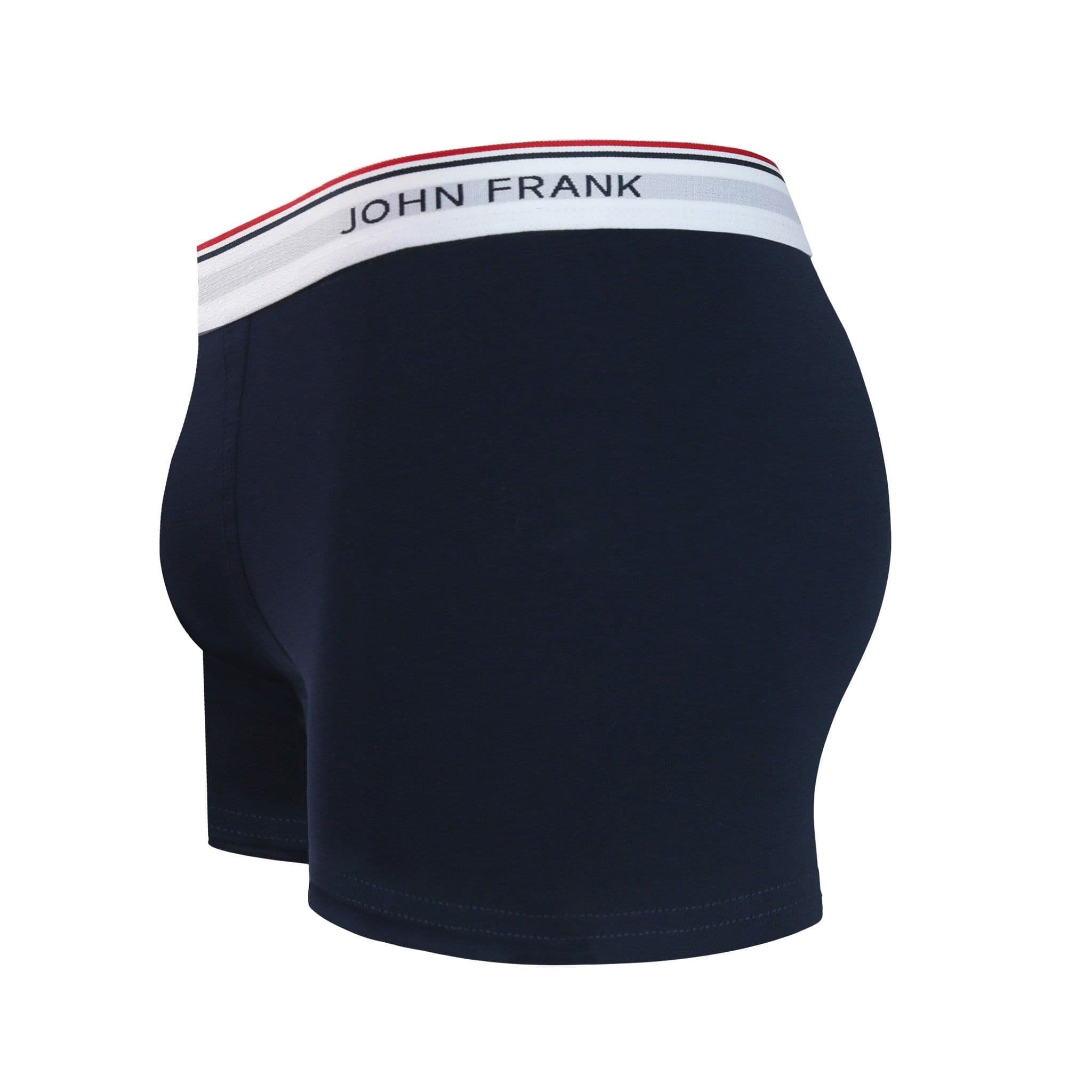 Side view of men’s 95% cotton boxer brief in midnight blue with white striped waistband, contoured pouch, and tailored leg cut