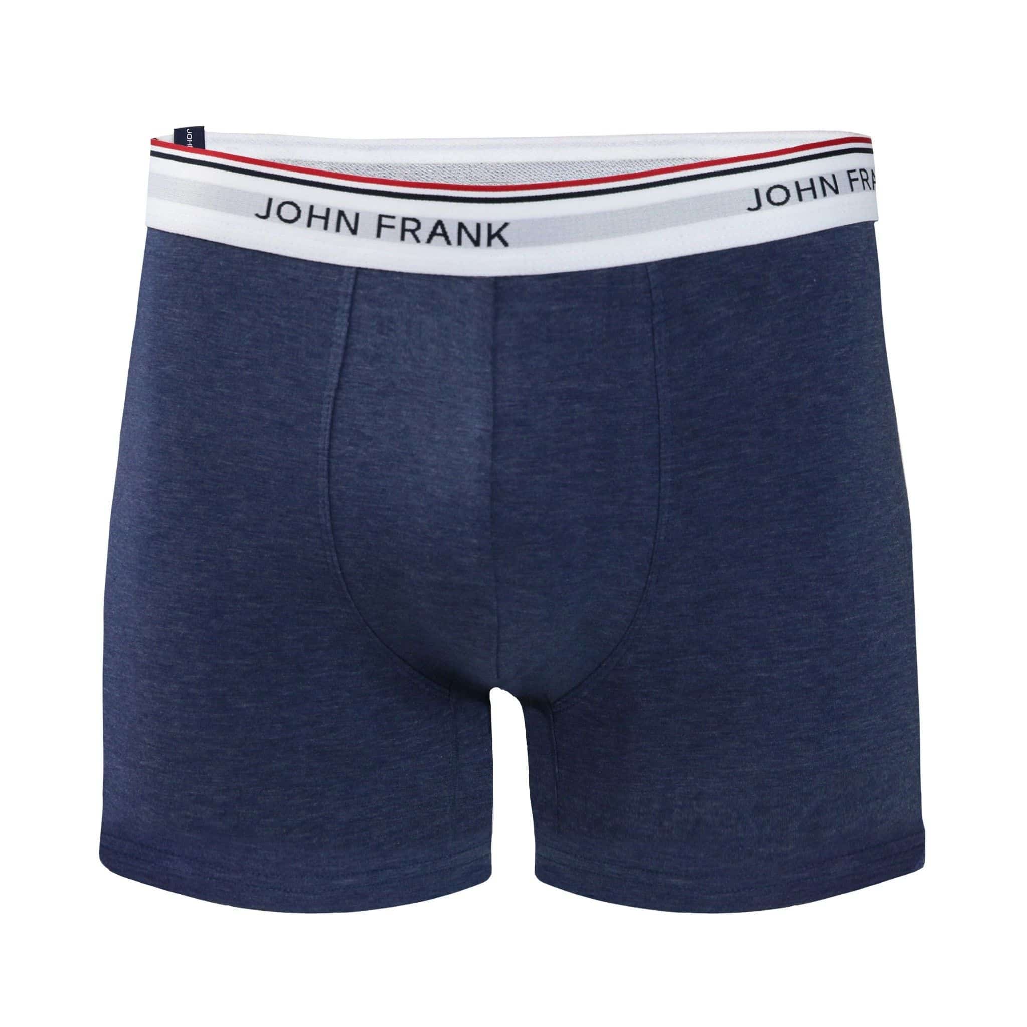 Front view of men’s 95% cotton boxer brief in slate blue with white striped waistband and soft stretch