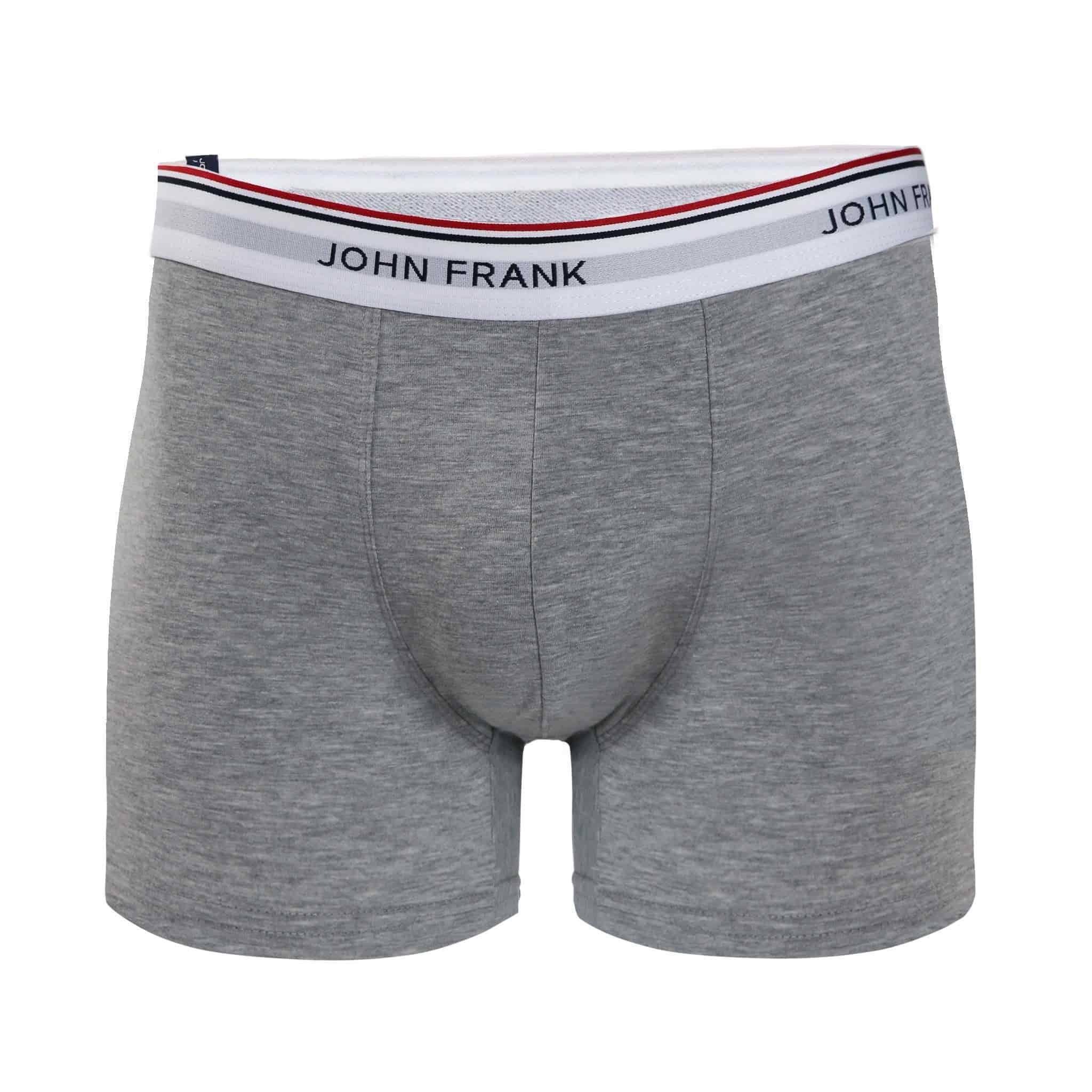 Front view of men’s 95% cotton boxer brief in stone gray with white striped waistband and soft stretch