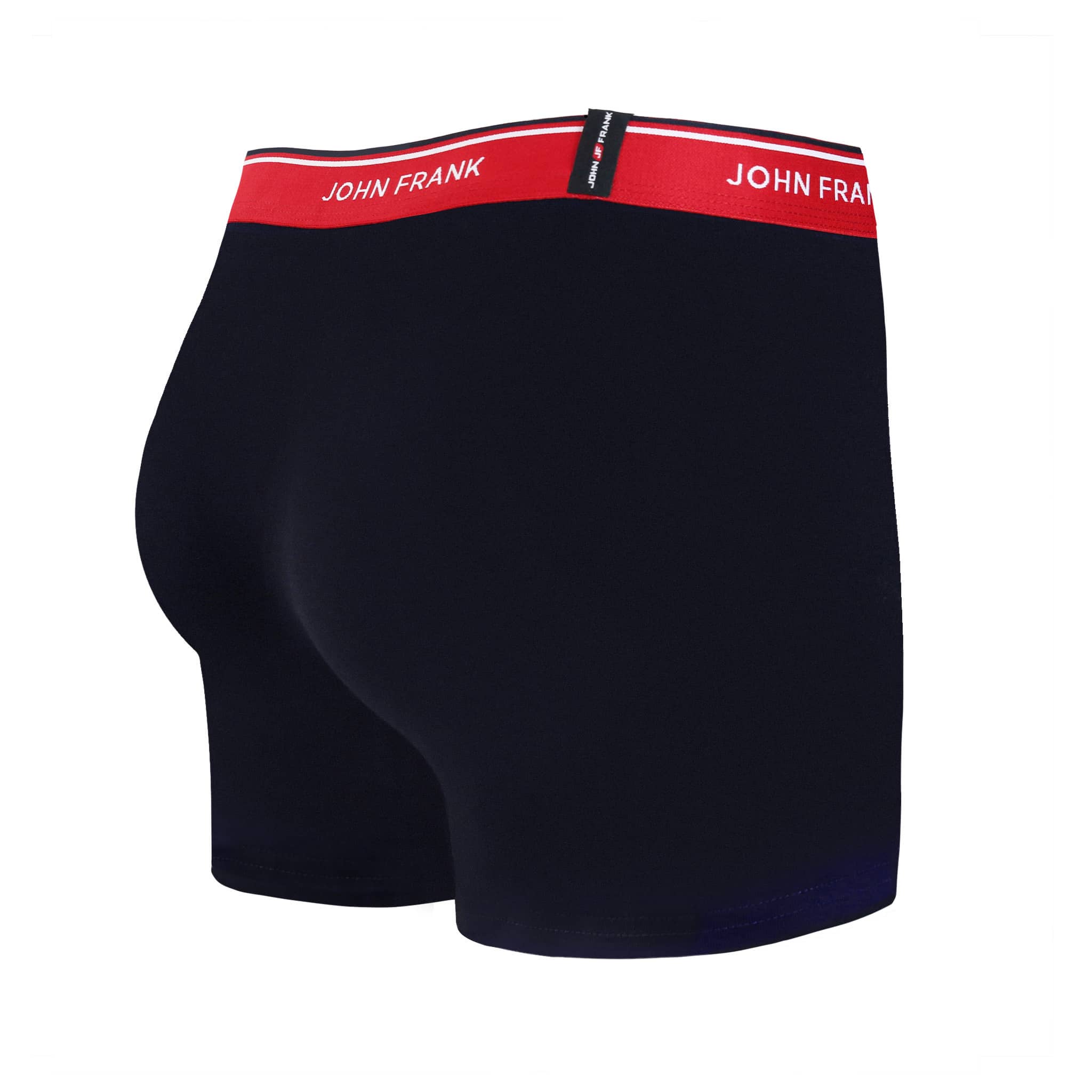 Back view of men’s 95% cotton boxer brief in midnight blue with cherry red striped waistband and rear detail