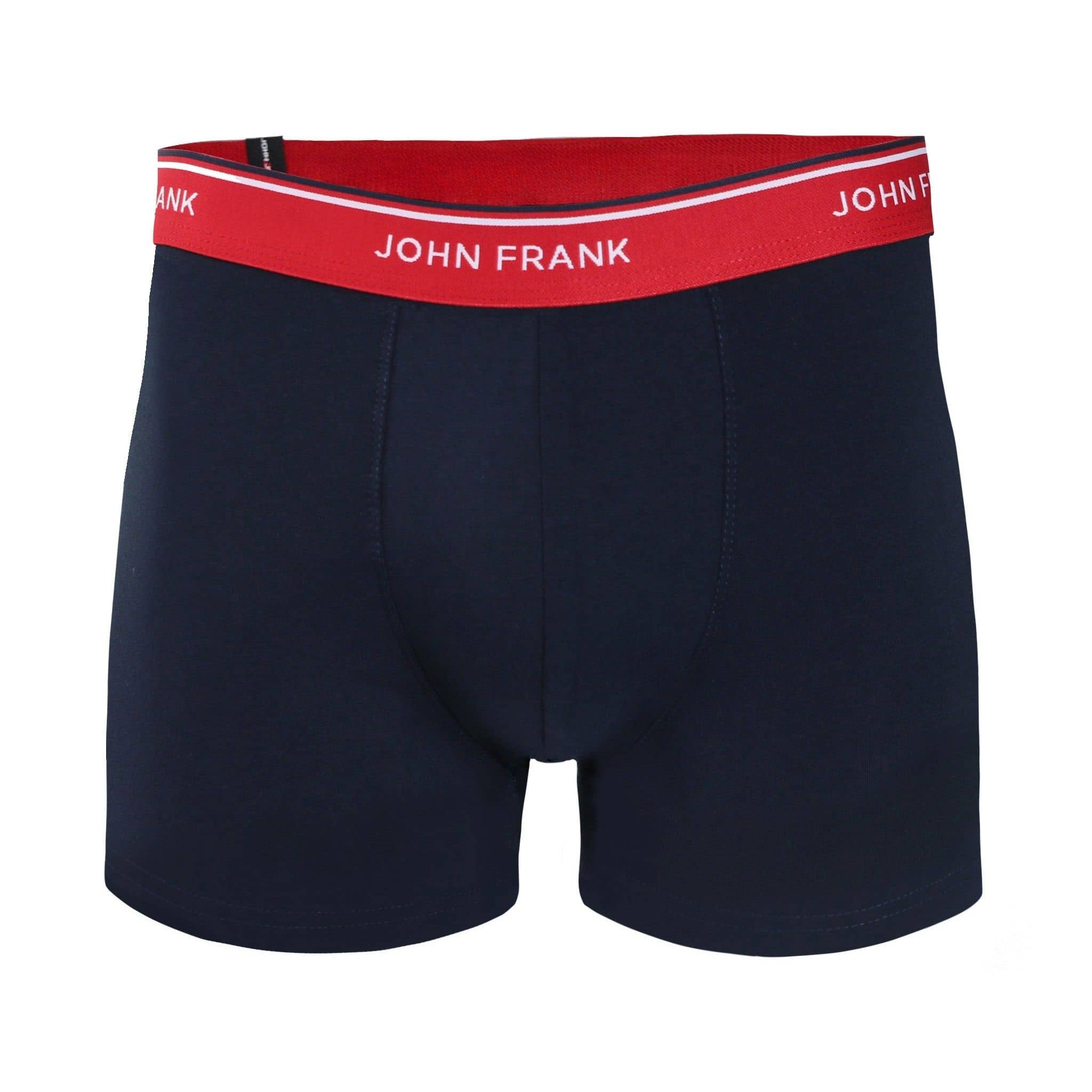 Front view of men’s 95% cotton boxer brief in midnight blue with cherry red striped waistband and soft stretch