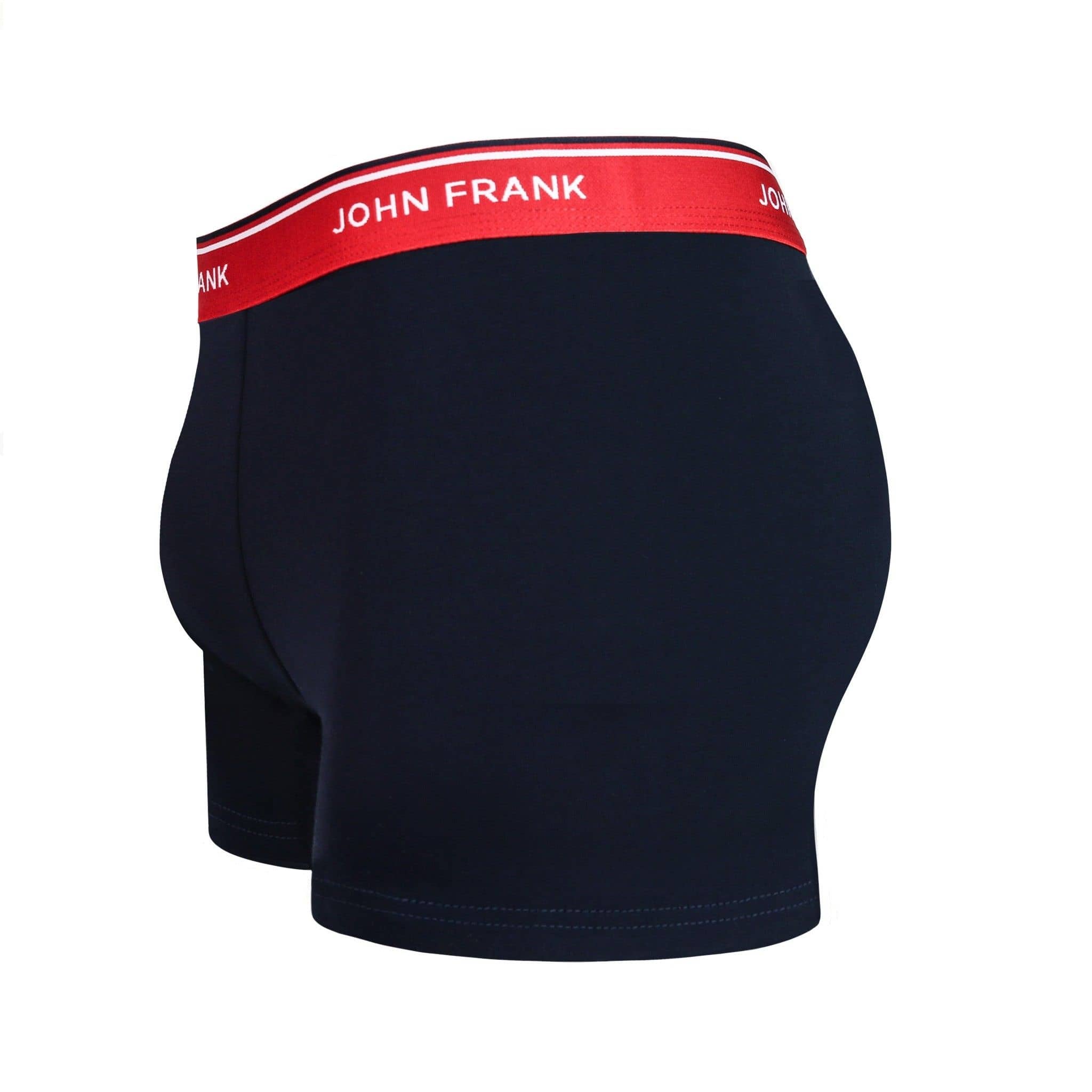 Side view of men’s 95% cotton boxer brief in midnight blue with cherry red striped waistband, contoured pouch, and tailored leg cut