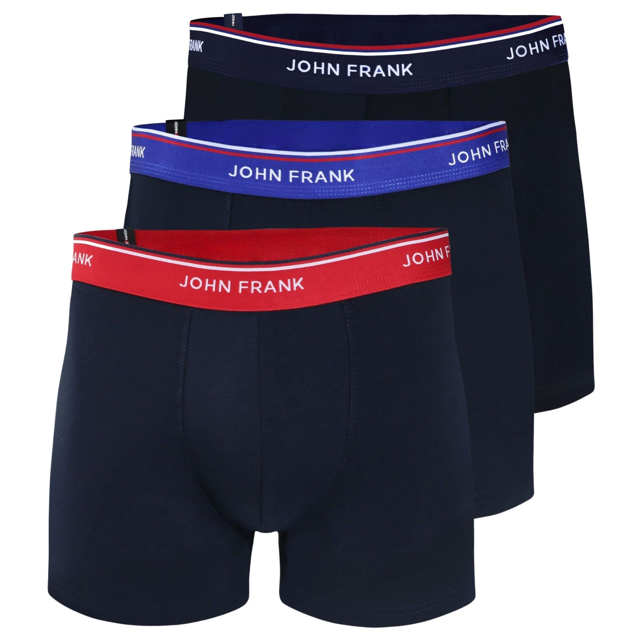 Full pack view of men’s 95% cotton boxer brief 3-pack — all midnight blue with striped waistbands in cherry red, indigo, and midnight blue