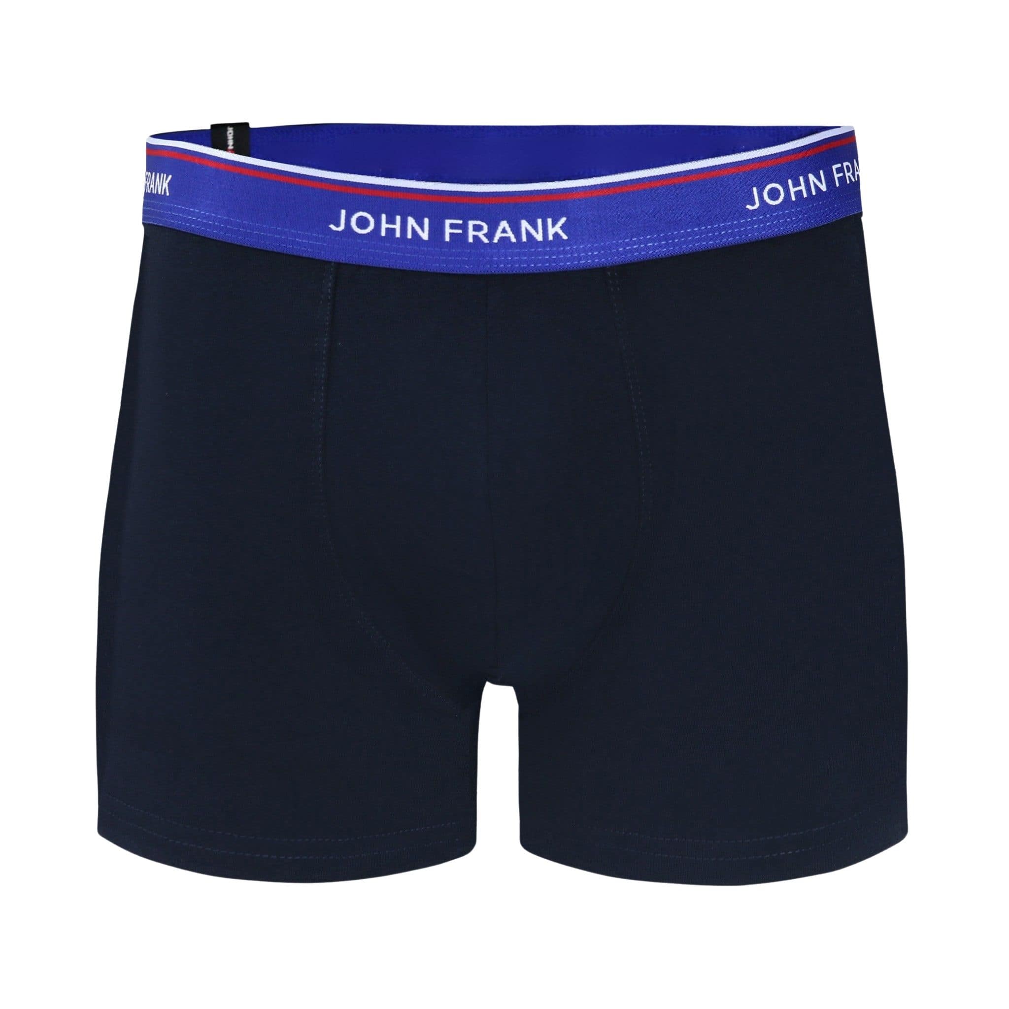 Front view of men’s 95% cotton boxer brief in midnight blue with indigo striped waistband and soft stretch