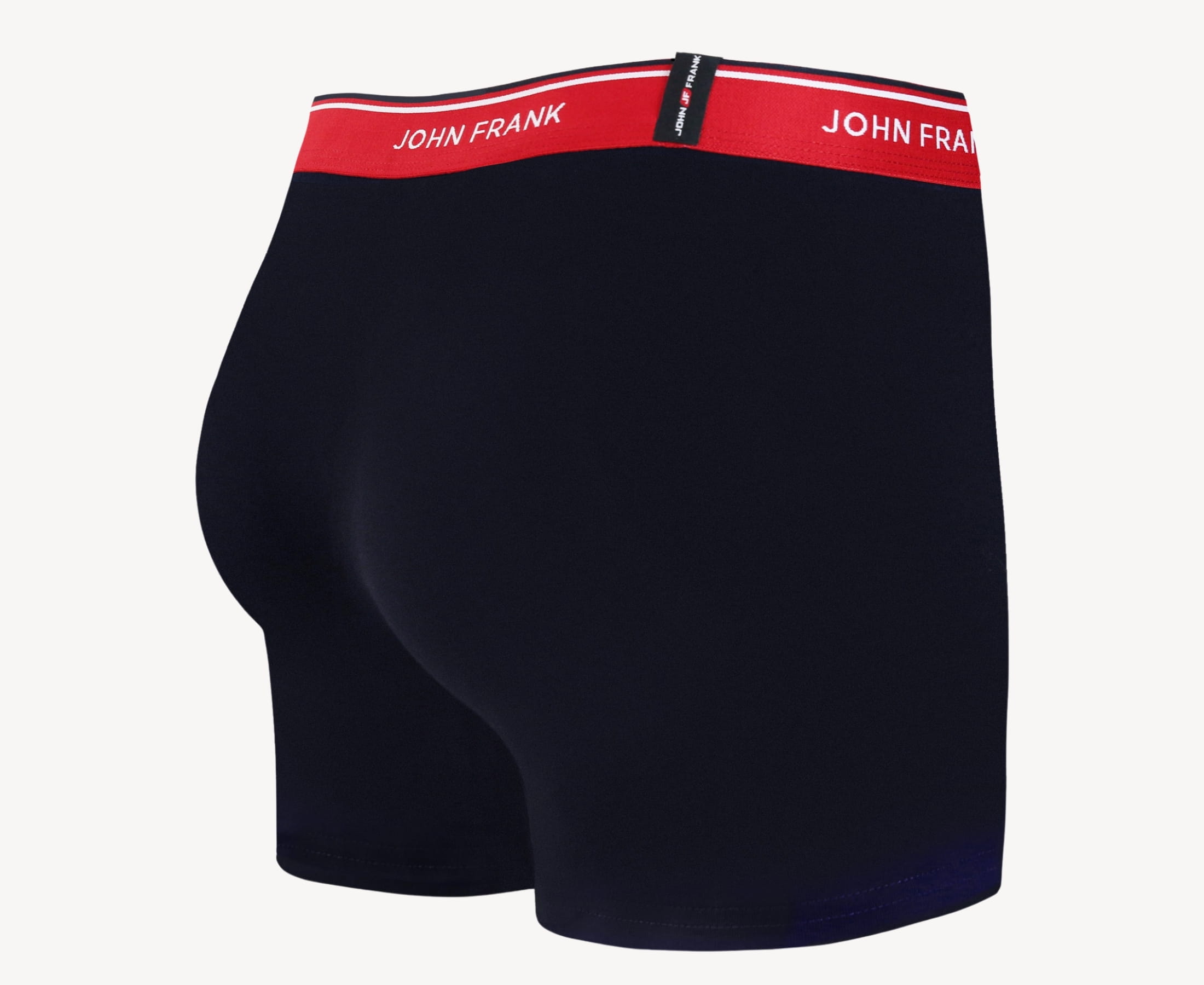 Back view of men’s 95% cotton boxer brief in midnight blue with cherry red striped waistband and rear detail
