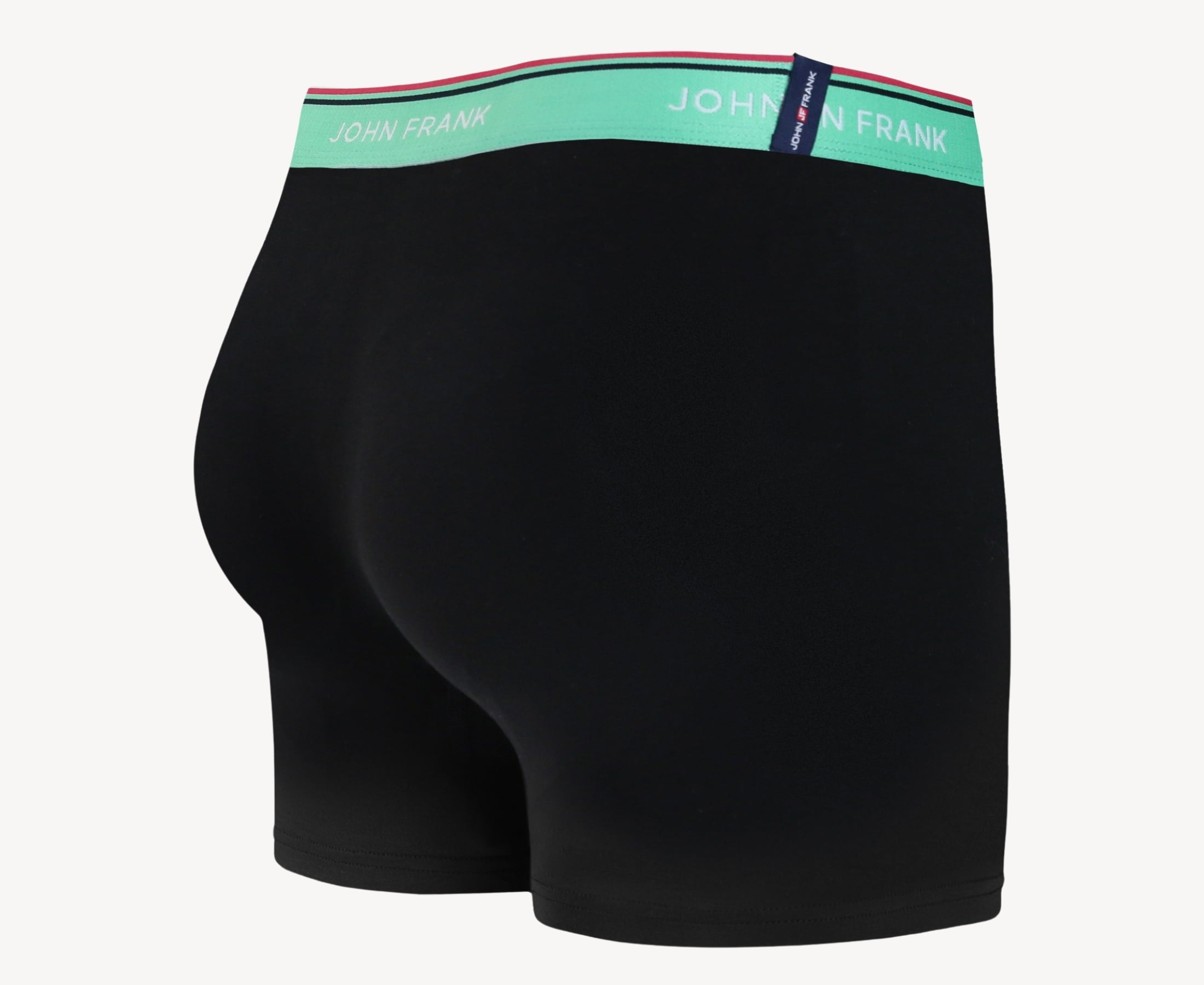 Back view of men’s 95% cotton boxer brief in midnight blue with sea green striped waistband and rear detail