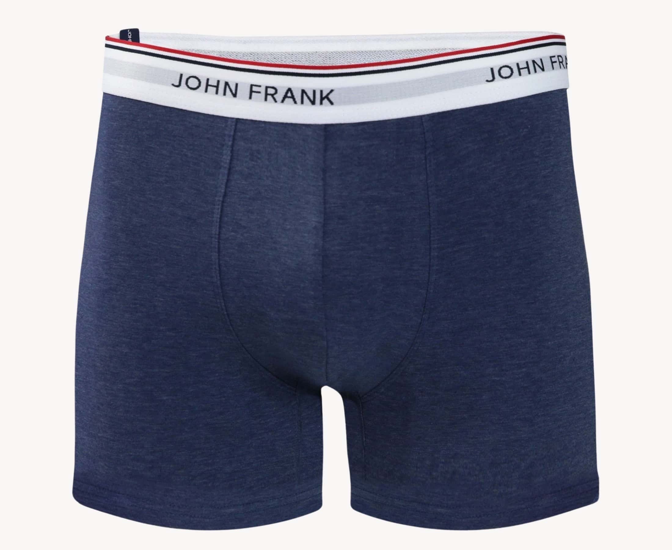 Front view of men’s 95% cotton boxer brief in slate blue with white striped waistband and soft stretch