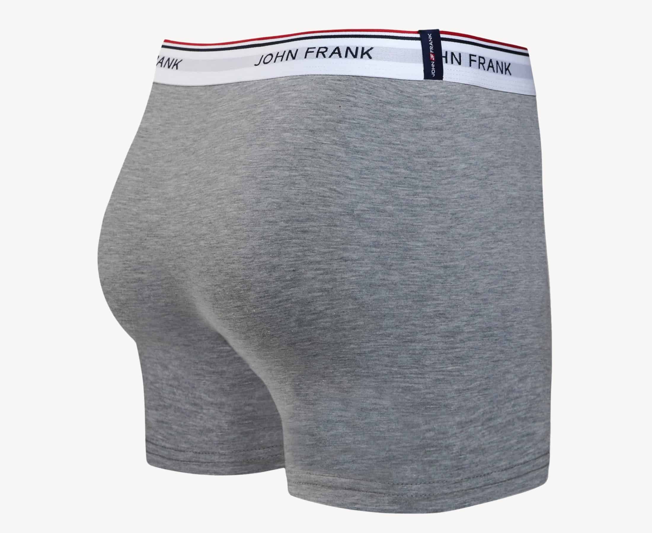 Back view of men’s 95% cotton boxer brief in stone gray with white striped waistband and rear detail