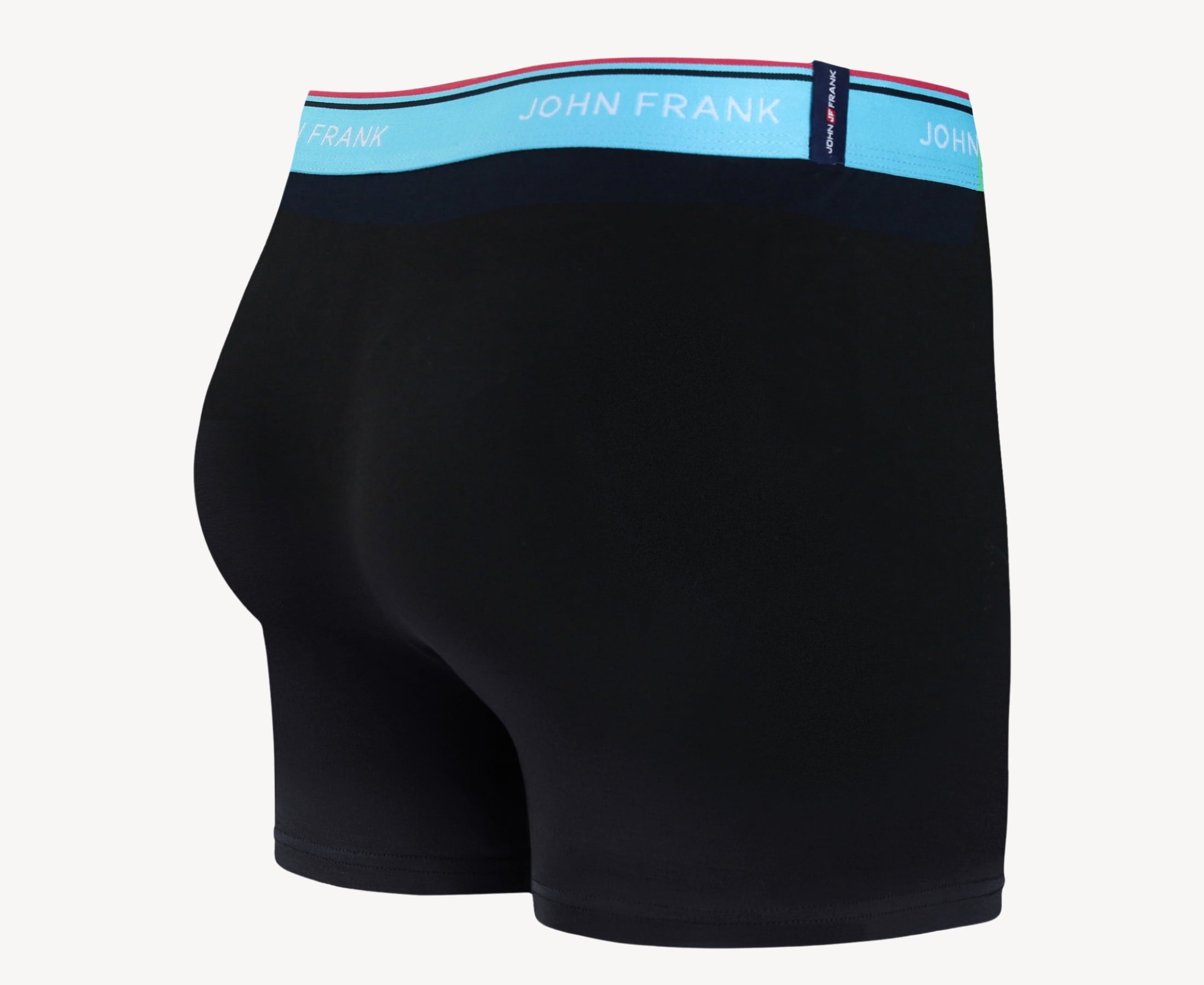 Back view of men’s 95% cotton boxer brief in midnight blue with turquoise striped waistband and rear detail