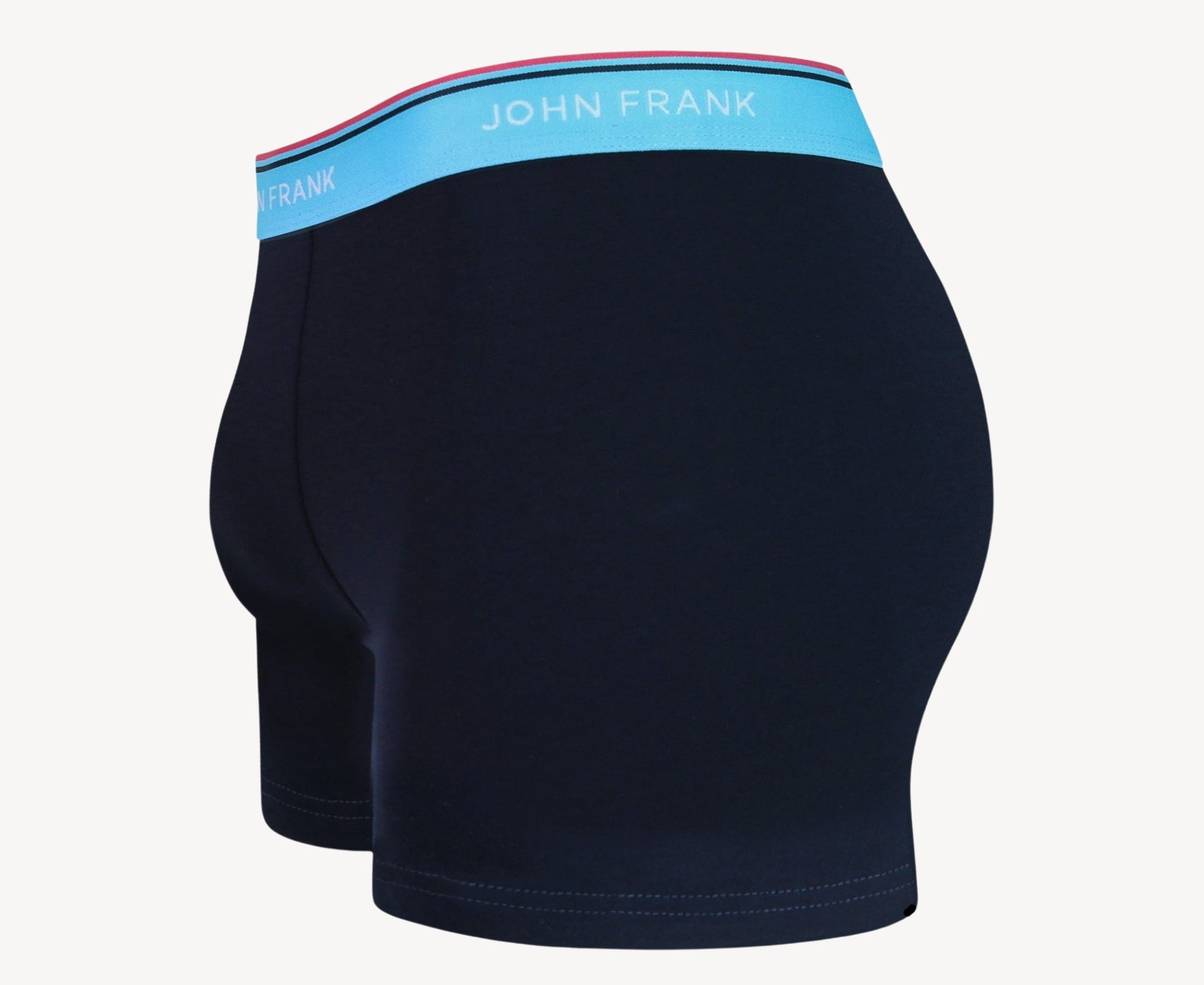 Side view of men’s 95% cotton boxer brief in midnight blue with turquoise striped waistband, contoured pouch, and tailored leg cut