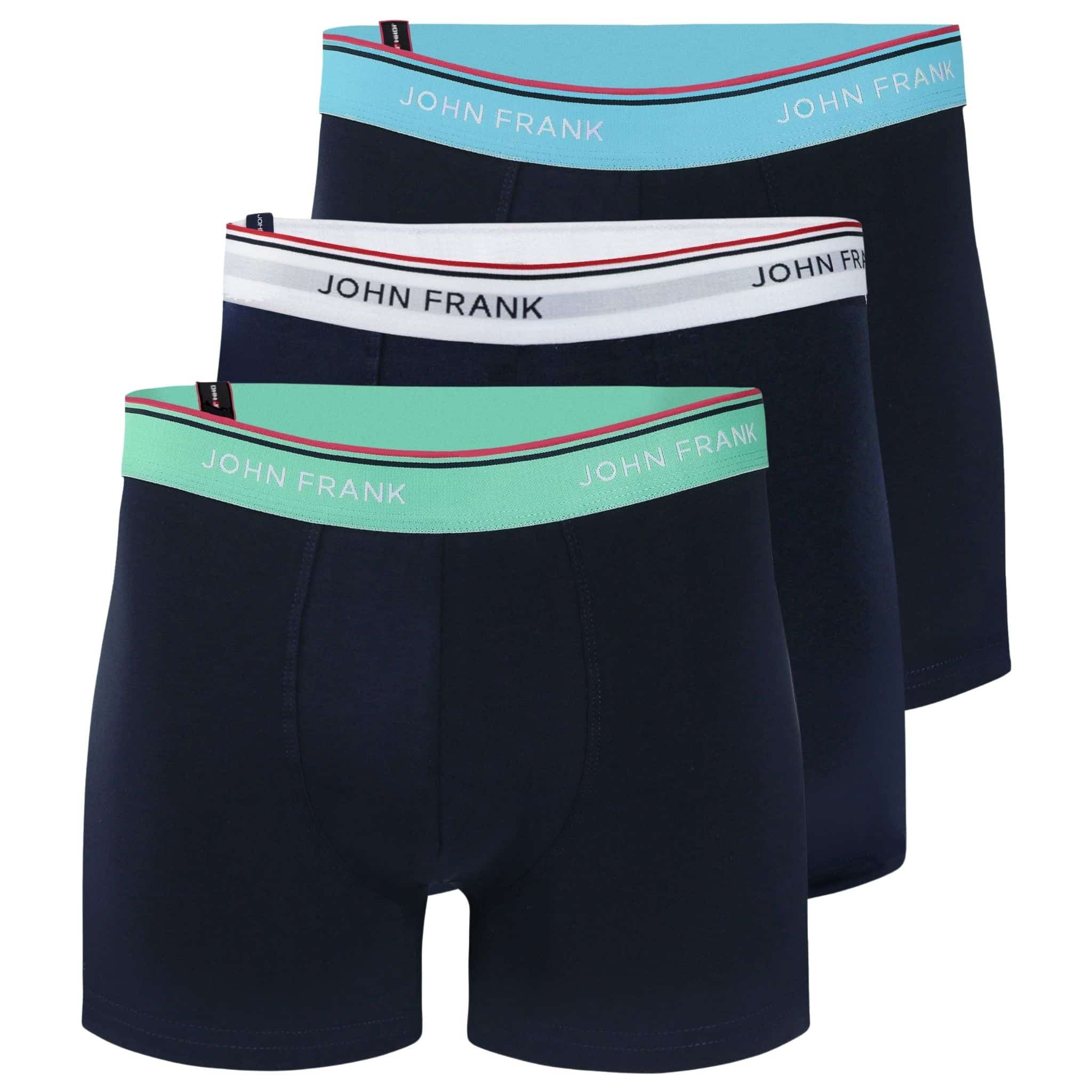Full pack view of men’s 95% cotton boxer brief 3-pack — all midnight blue with striped waistbands in sea green, white, and turquoise