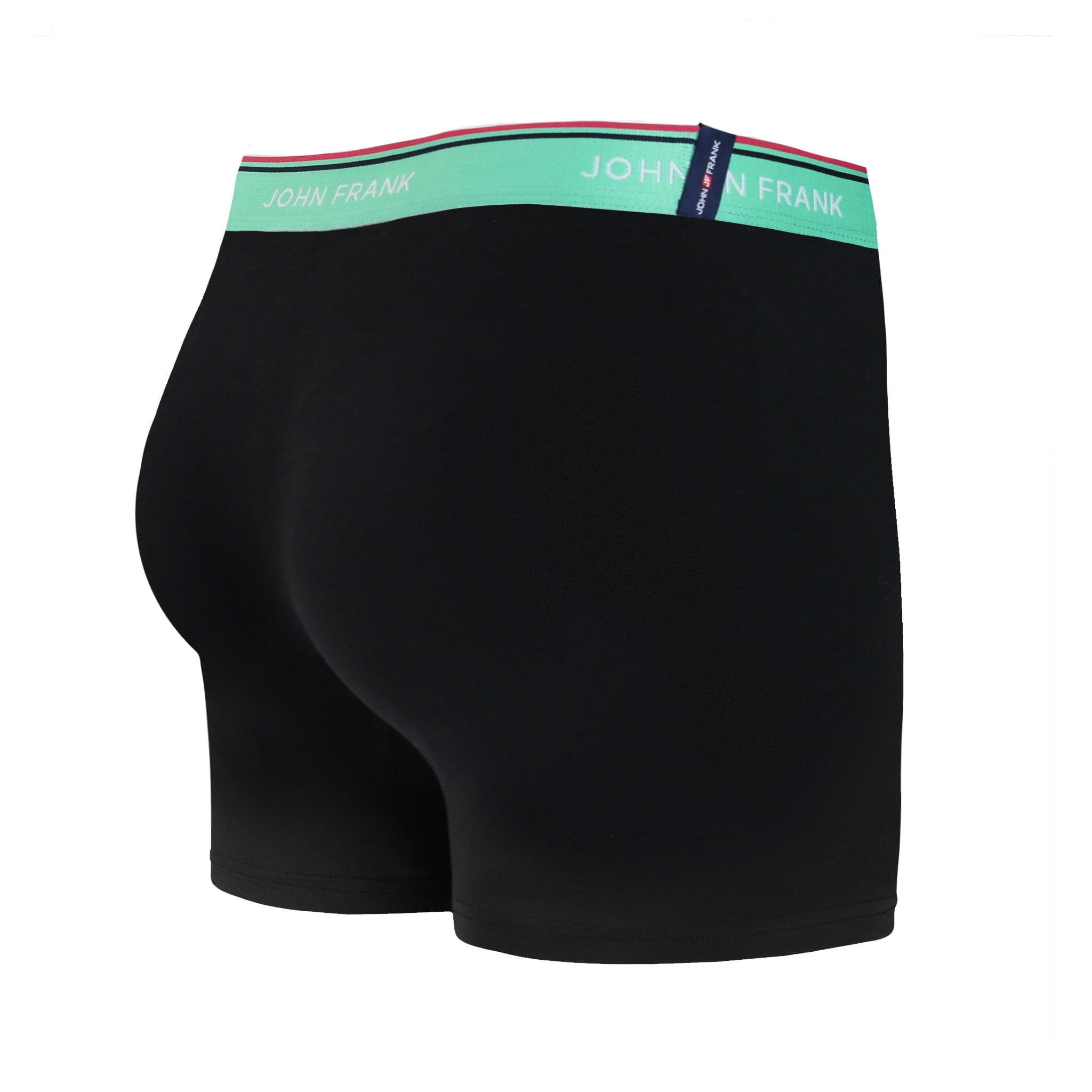 Back view of men’s 95% cotton boxer brief in midnight blue with sea green striped waistband and rear detail