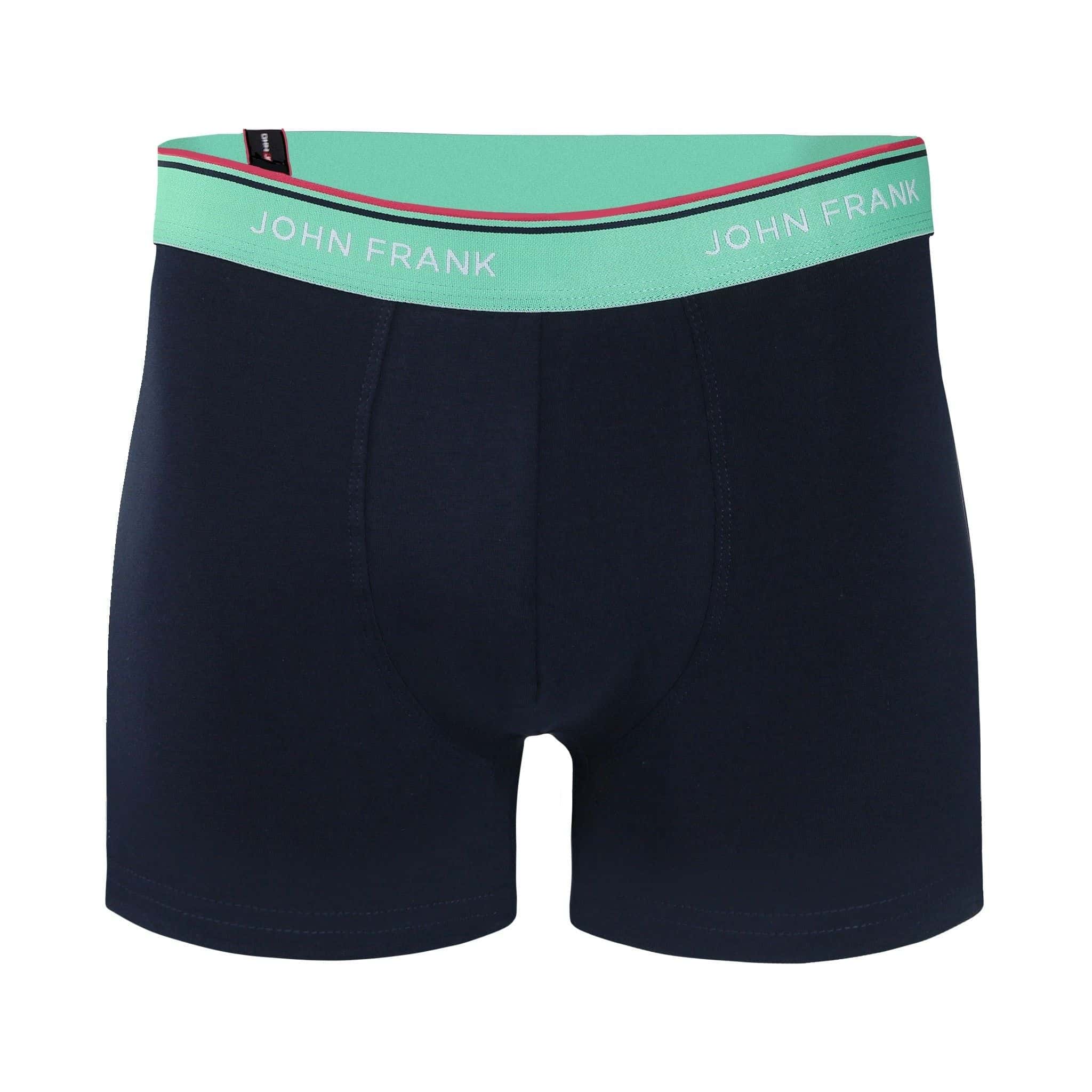 Front view of men’s 95% cotton boxer brief in midnight blue with sea green striped waistband and soft stretch