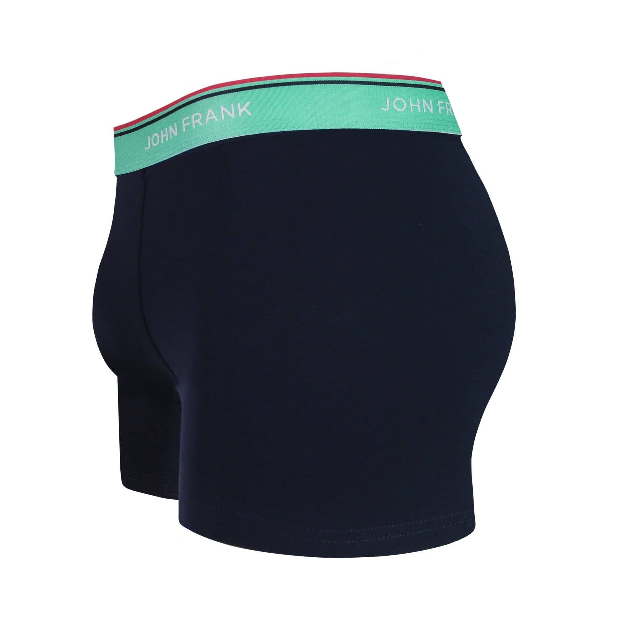 Side view of men’s 95% cotton boxer brief in midnight blue with sea green striped waistband, contoured pouch, and tailored leg cut