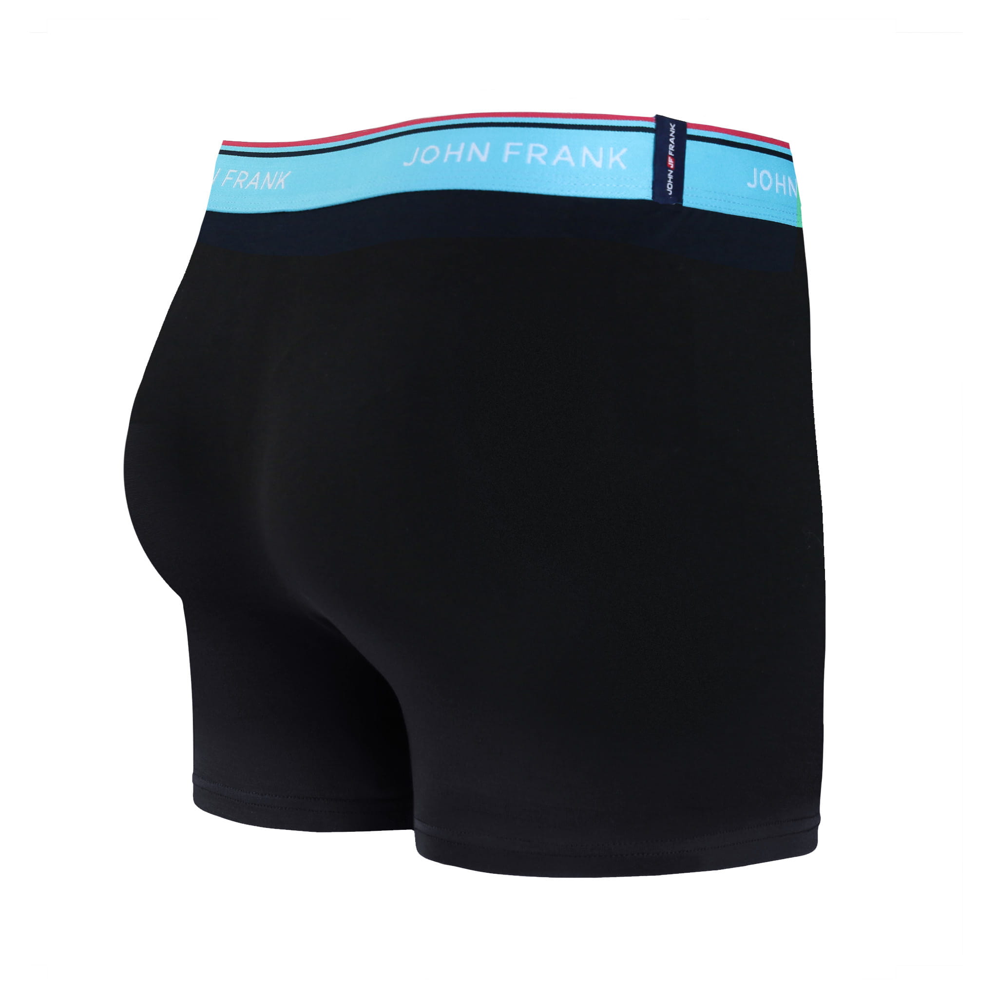 Back view of men’s 95% cotton boxer brief in midnight blue with turquoise striped waistband and rear detail