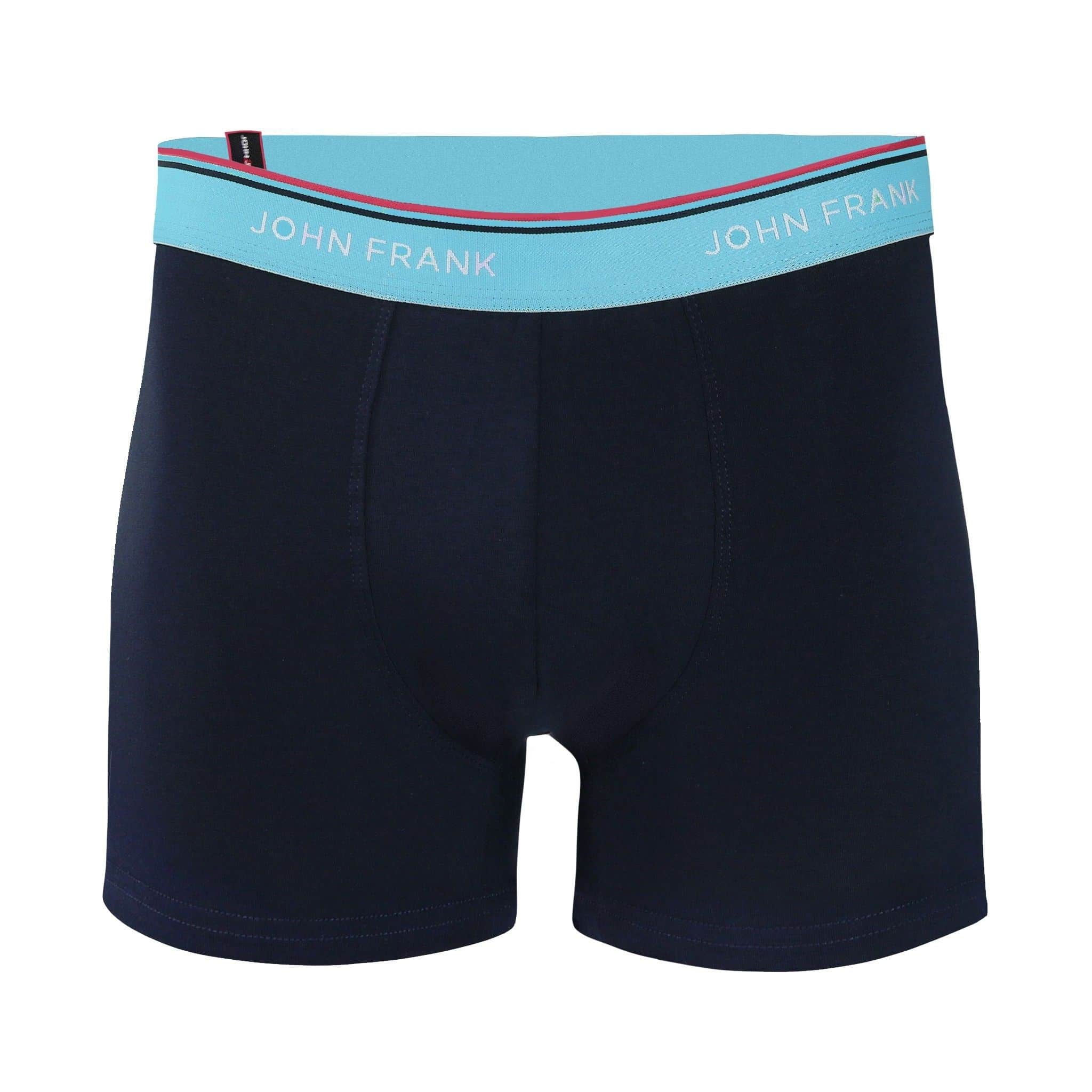 Front view of men’s 95% cotton boxer brief in midnight blue with turquoise striped waistband and soft stretch