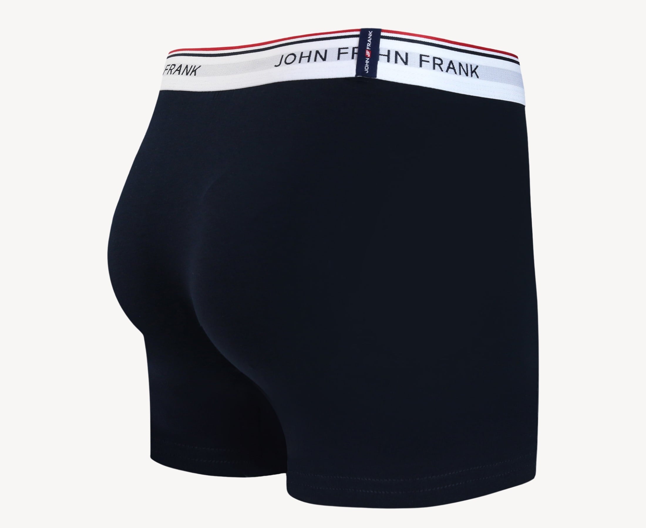 Back view of men’s 95% cotton boxer brief in midnight blue with white striped waistband and rear detail