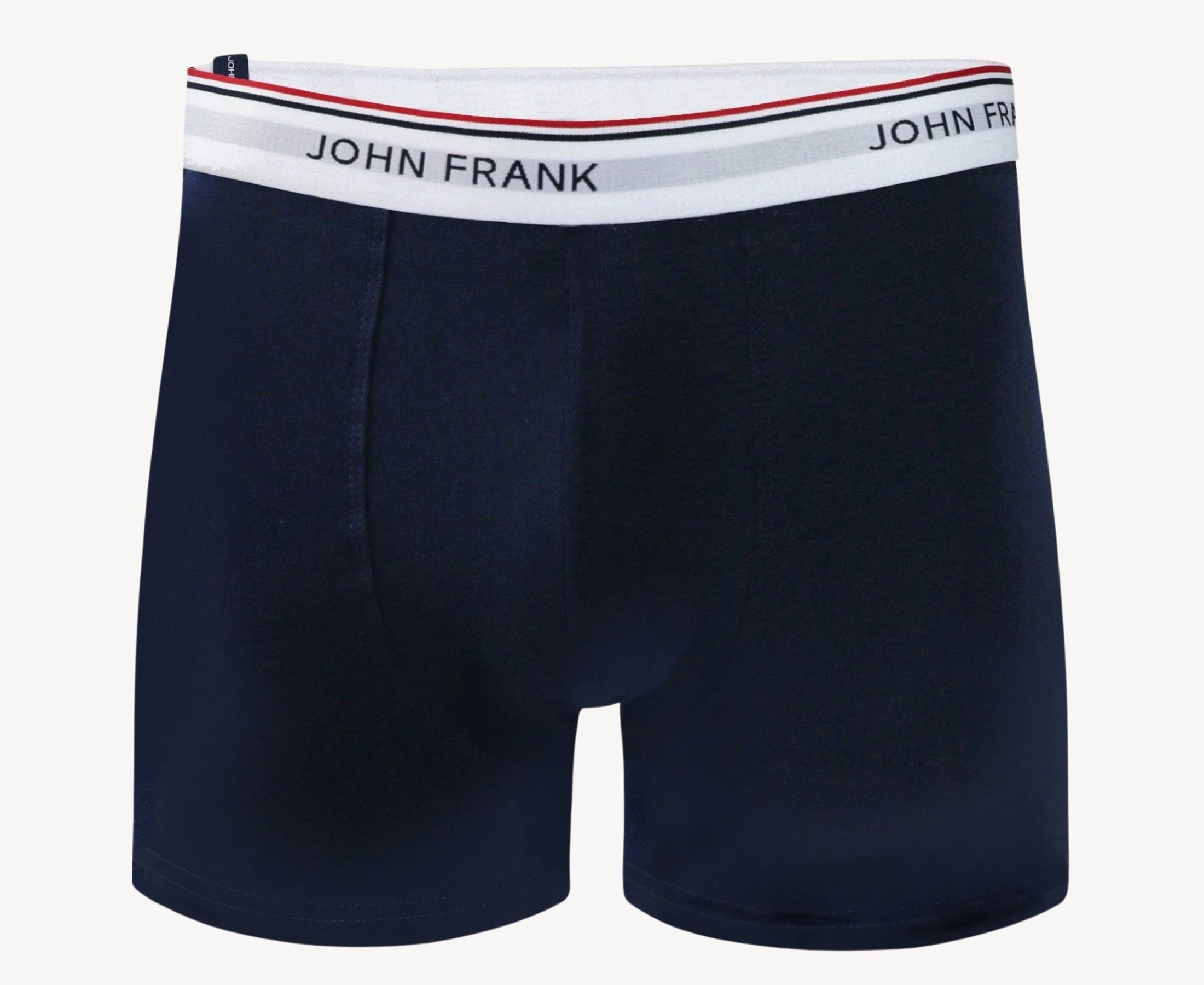 Front view of men’s 95% cotton boxer brief in midnight blue with white striped waistband and soft stretch