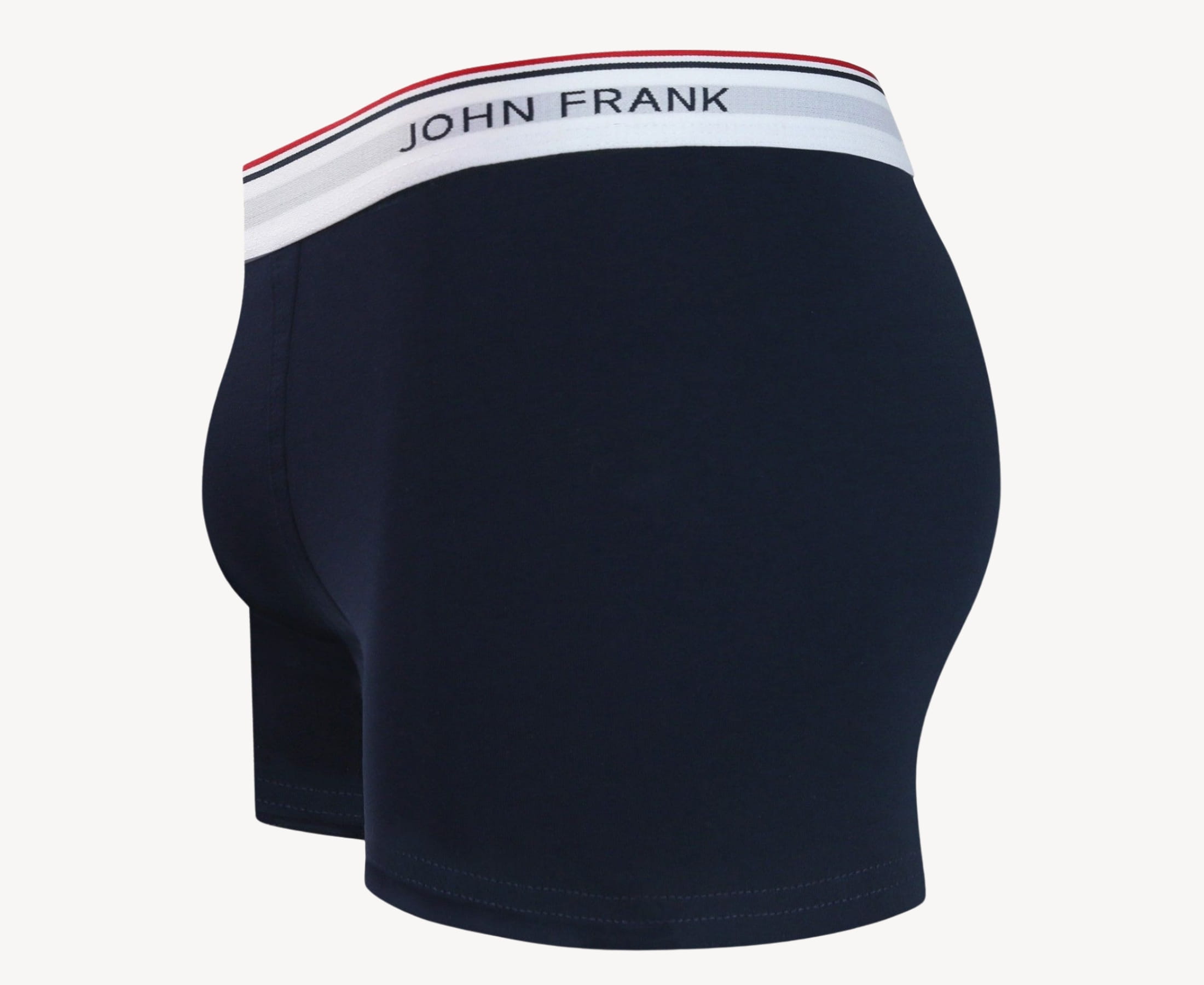 Side view of men’s 95% cotton boxer brief in midnight blue with white striped waistband, contoured pouch, and tailored leg cut