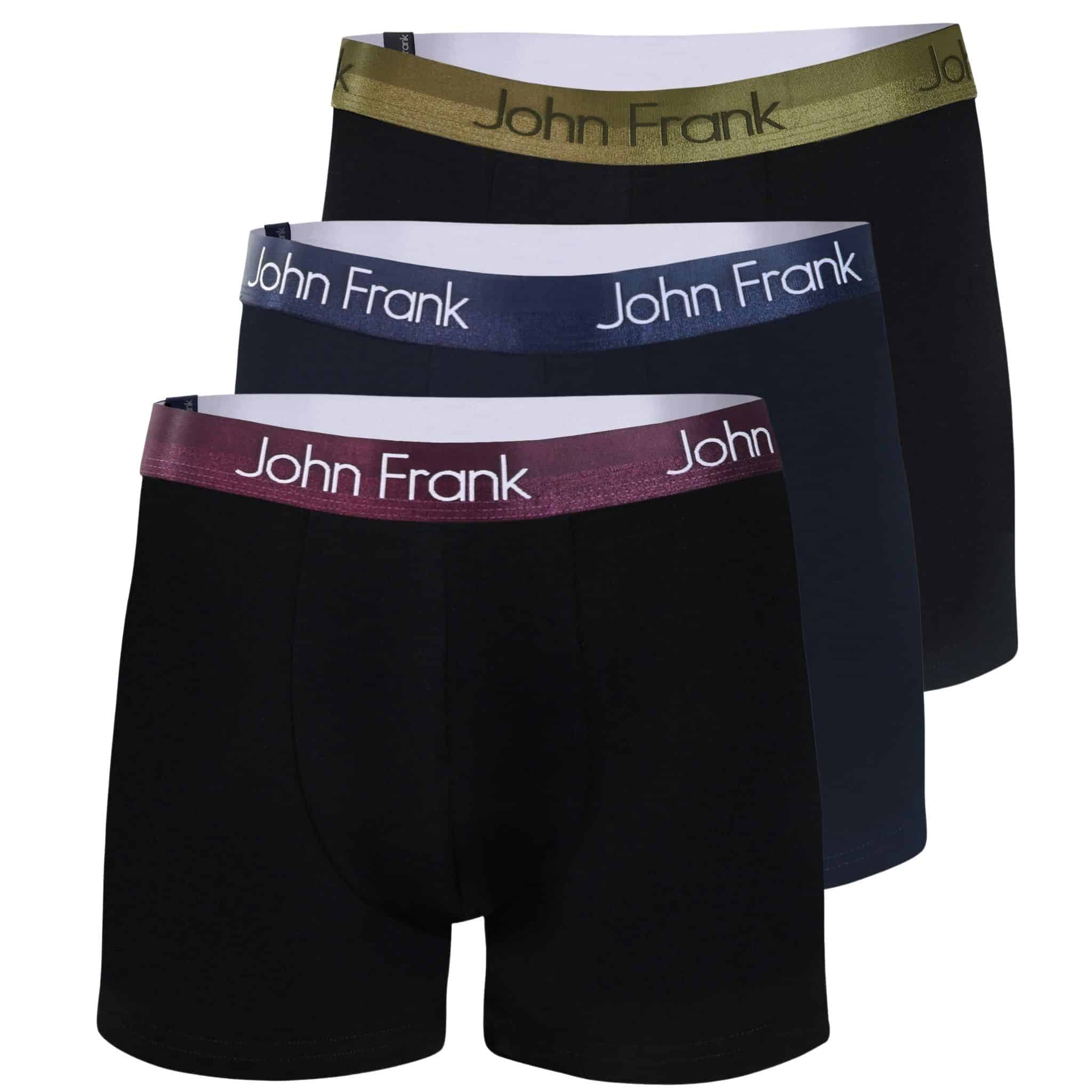 Full pack view of men’s 95% cotton boxer brief 3-pack — 2 black with burgundy and yellow metal shiny waistbands and one navy with navy waistband