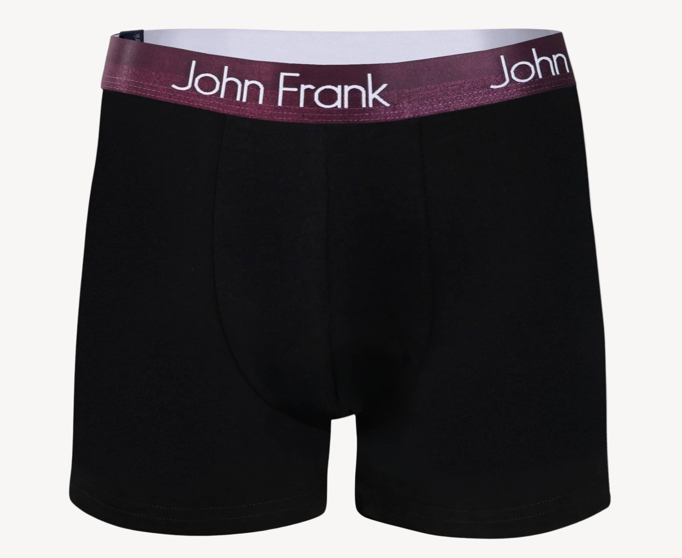 Front view of men’s 95% cotton boxer brief in black with burgundy shiny waistband, invisible seams and soft stretch