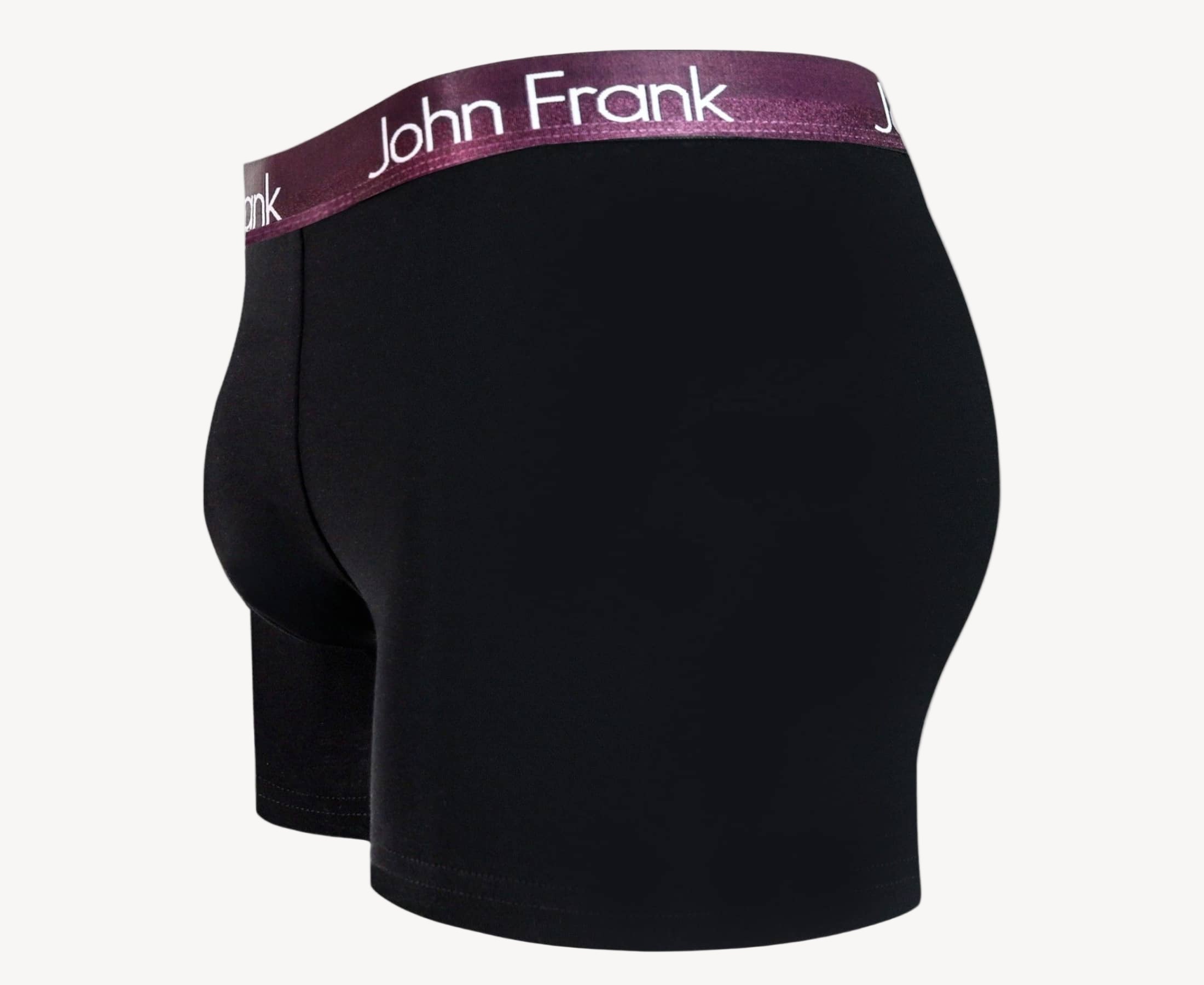 Side view of men’s 95% cotton boxer brief in black with burgundy shiny waistband, contoured pouch, and tailored leg cut