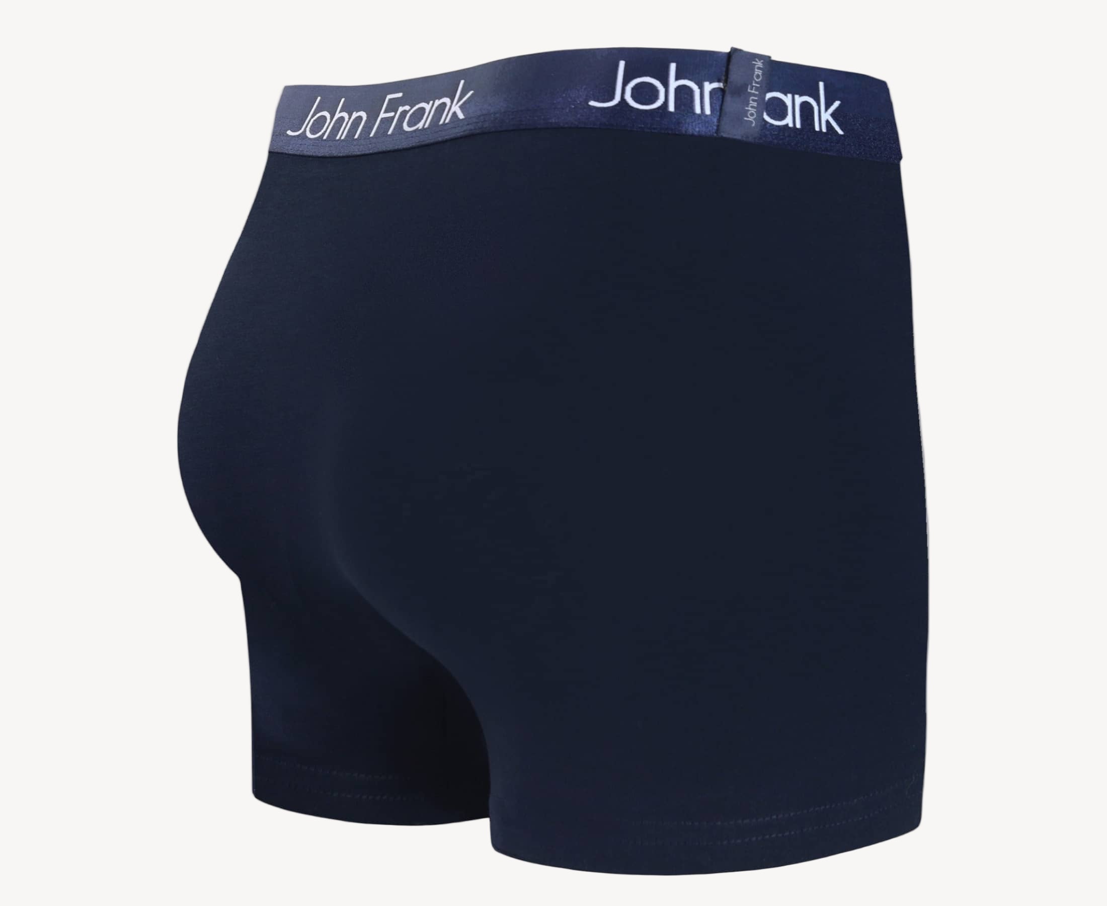 Back view of men’s 95% cotton boxer brief in navy with navy shiny waistband and rear detail