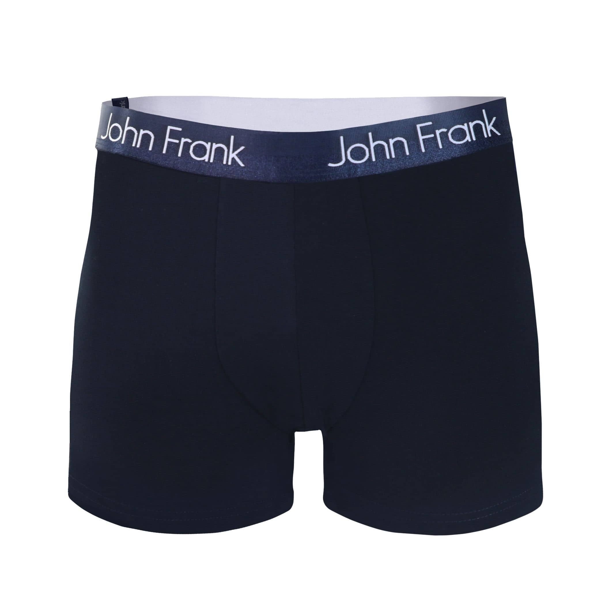 Front view of men’s 95% cotton boxer brief in navy with navy shiny waistband, invisible seams and soft stretch