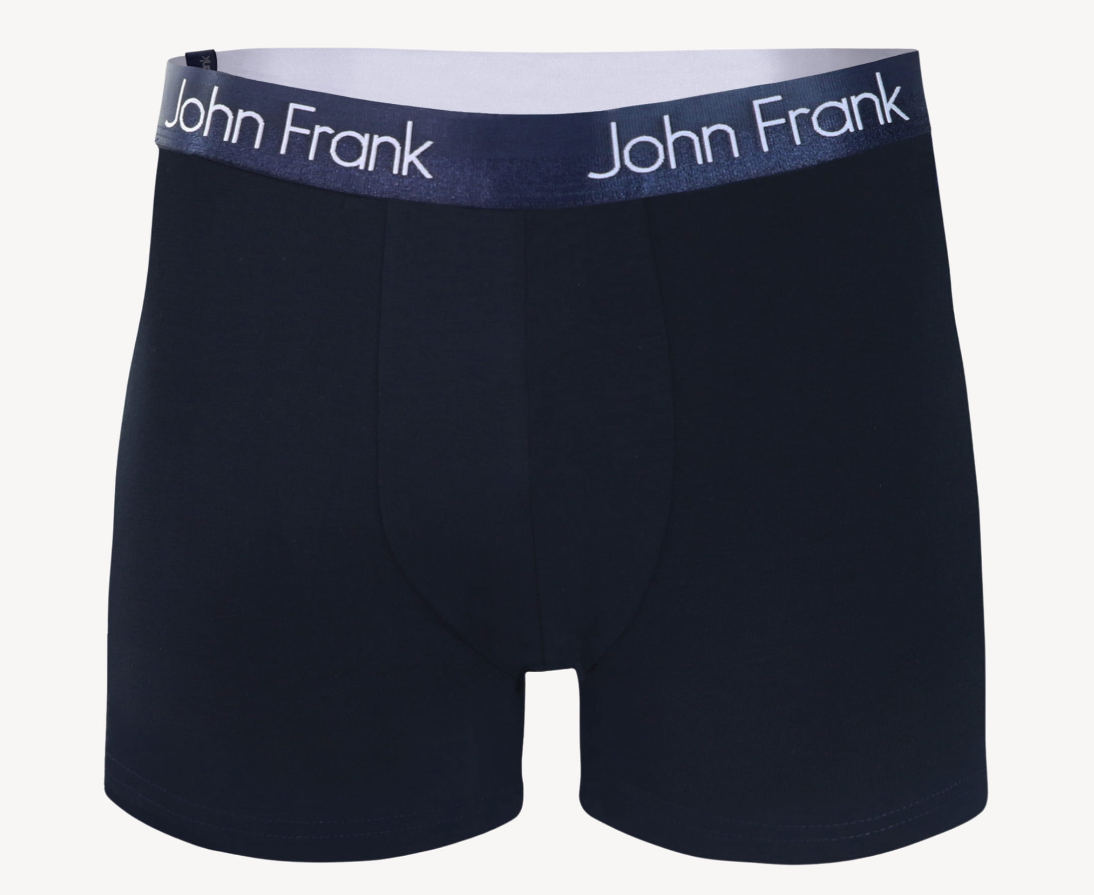 Front view of men’s 95% cotton boxer brief in navy with navy shiny waistband, invisible seams and soft stretch