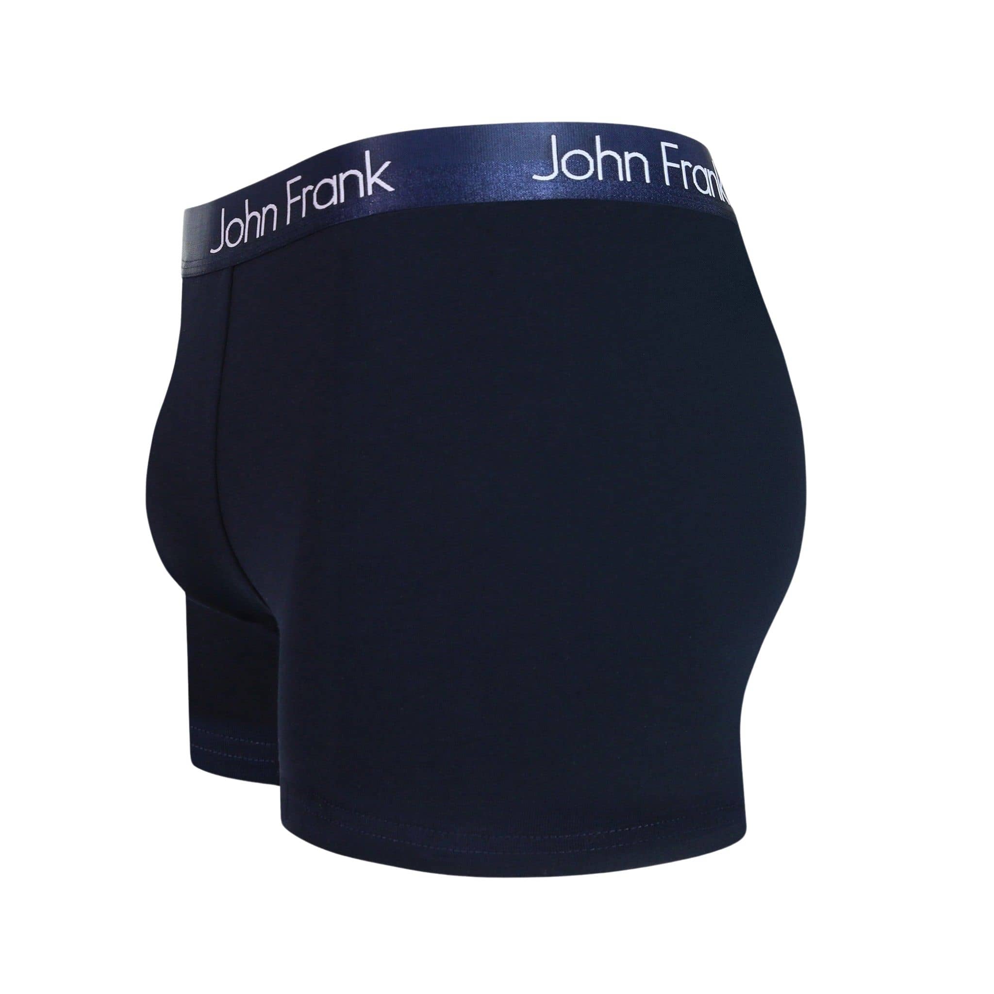 Side view of men’s 95% cotton boxer brief in navy with navy shiny waistband, contoured pouch, and tailored leg cut