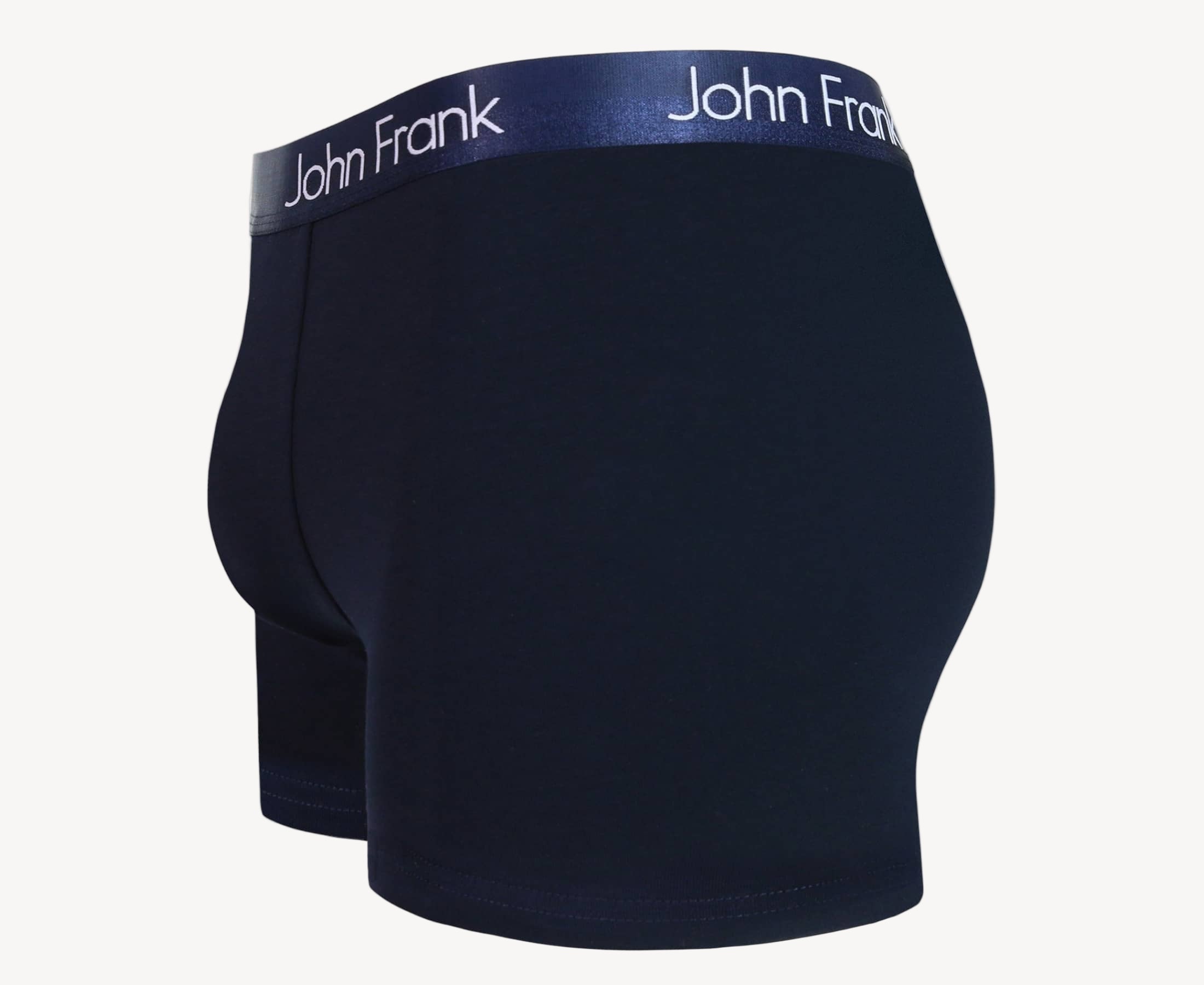 Side view of men’s 95% cotton boxer brief in navy with navy shiny waistband, contoured pouch, and tailored leg cut