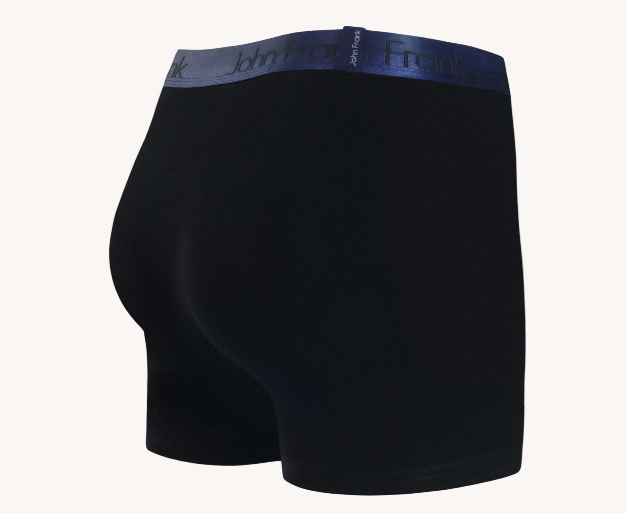 Back view of men’s 95% cotton boxer brief in black with navy shiny waistband and rear detail