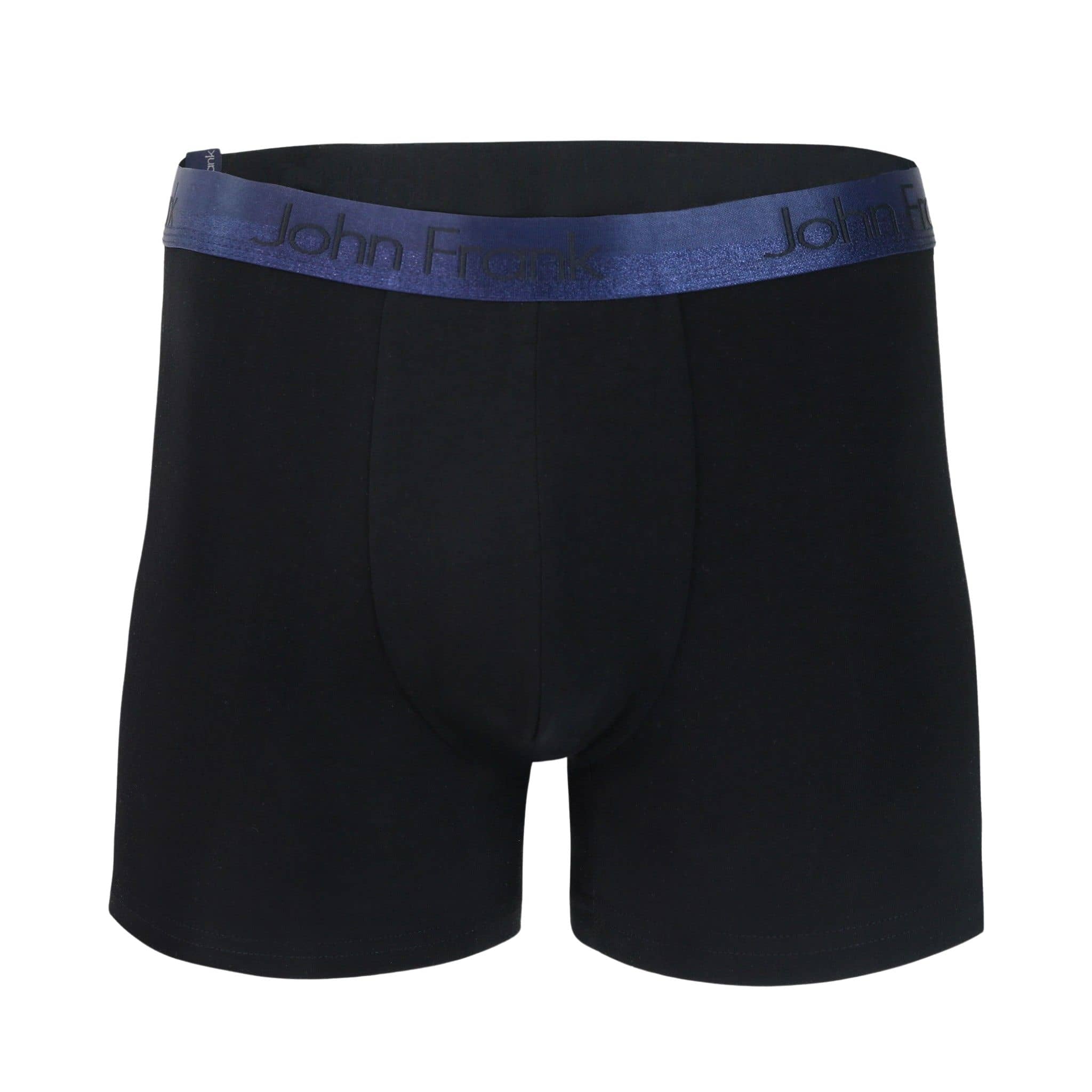 Front view of men’s 95% cotton boxer brief in black with navy shiny waistband, invisible seams and soft stretch
