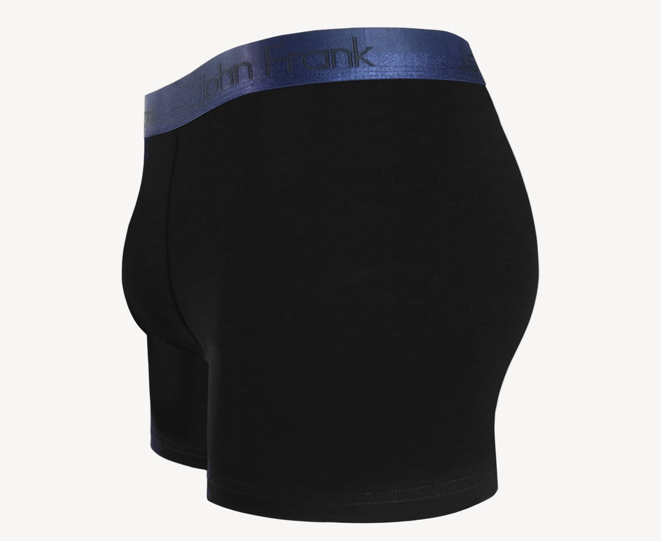 Side view of men’s 95% cotton boxer brief in black with navy shiny waistband, contoured pouch, and tailored leg cut