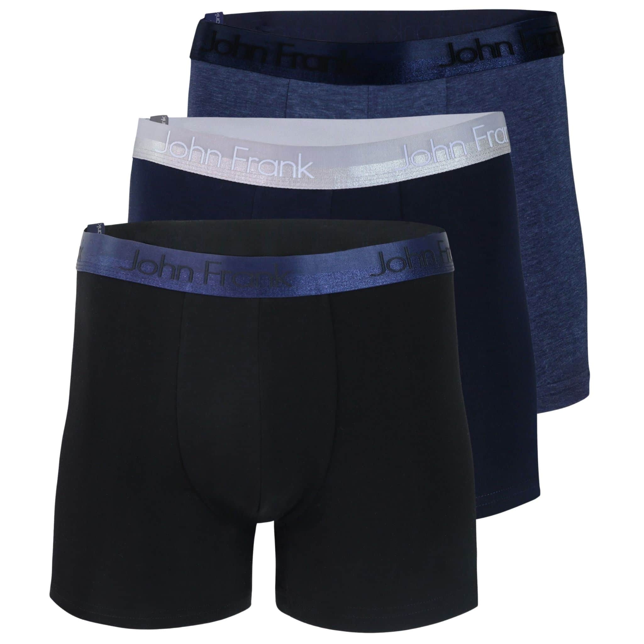 Full pack view of men’s 95% cotton boxer brief 3-pack — one black with navy shiny waistband, one navy with white shiny waistband, and one slate blue with dark blue shiny waistband