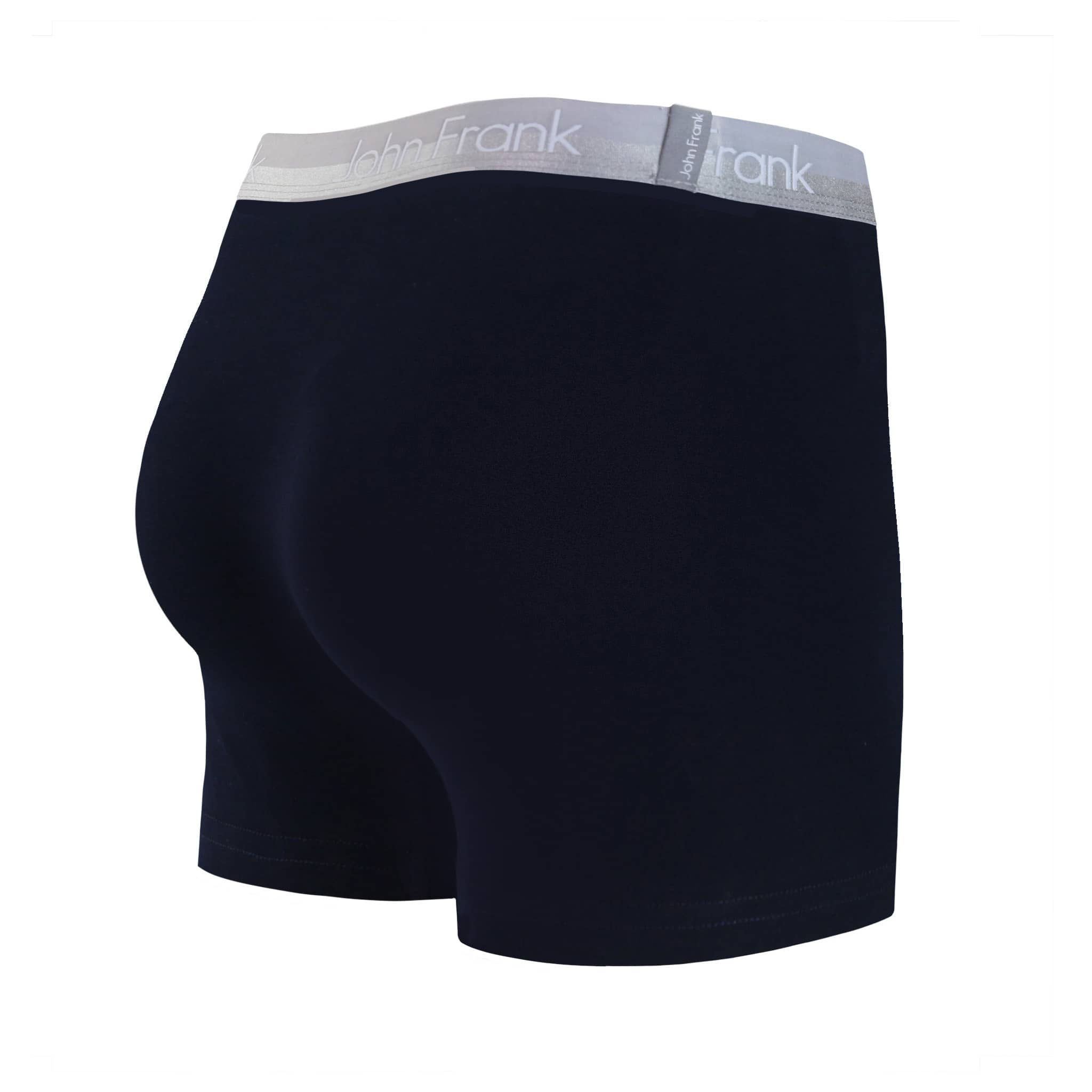 Back view of men’s 95% cotton boxer brief in navy with white shiny waistband and rear detail