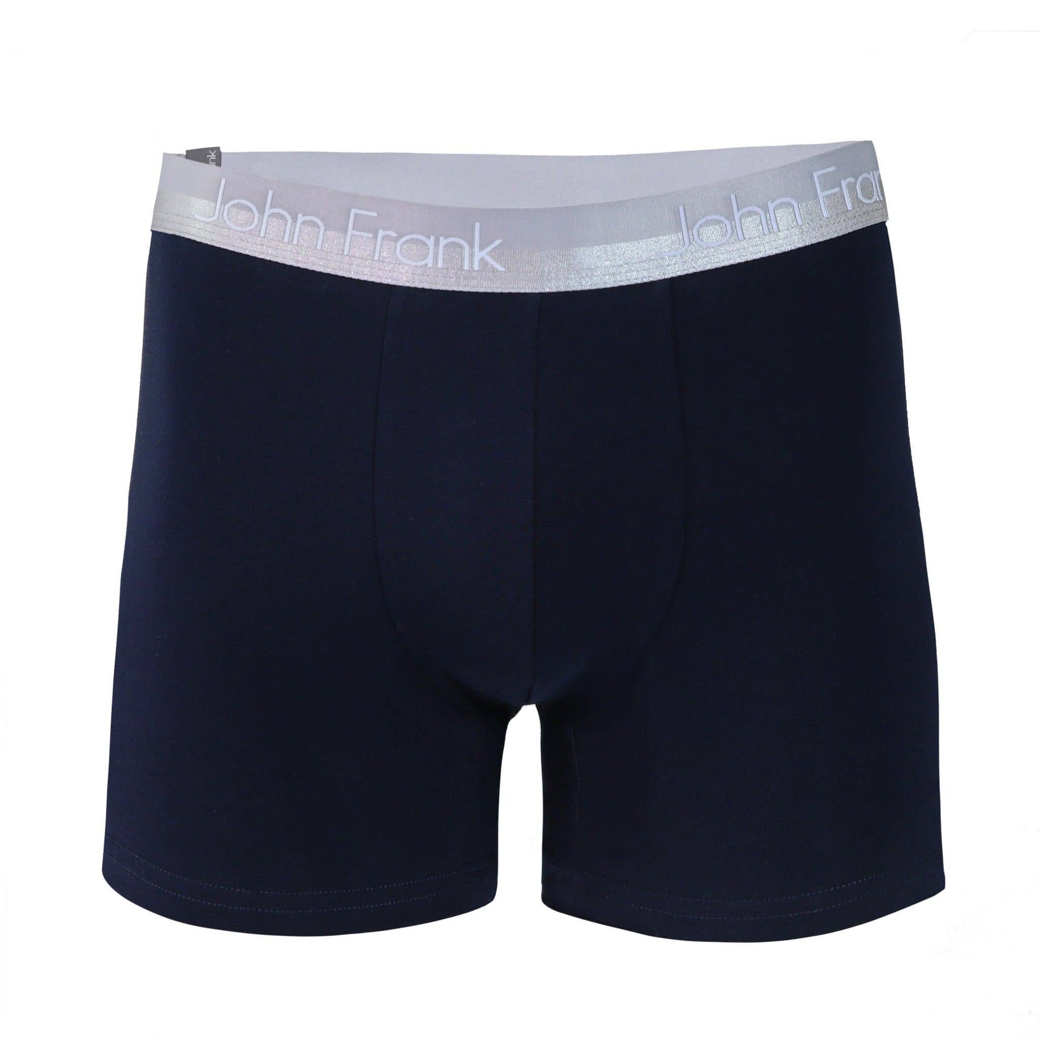 Front view of men’s 95% cotton boxer brief in navy with white shiny waistband, invisible seams and soft stretch