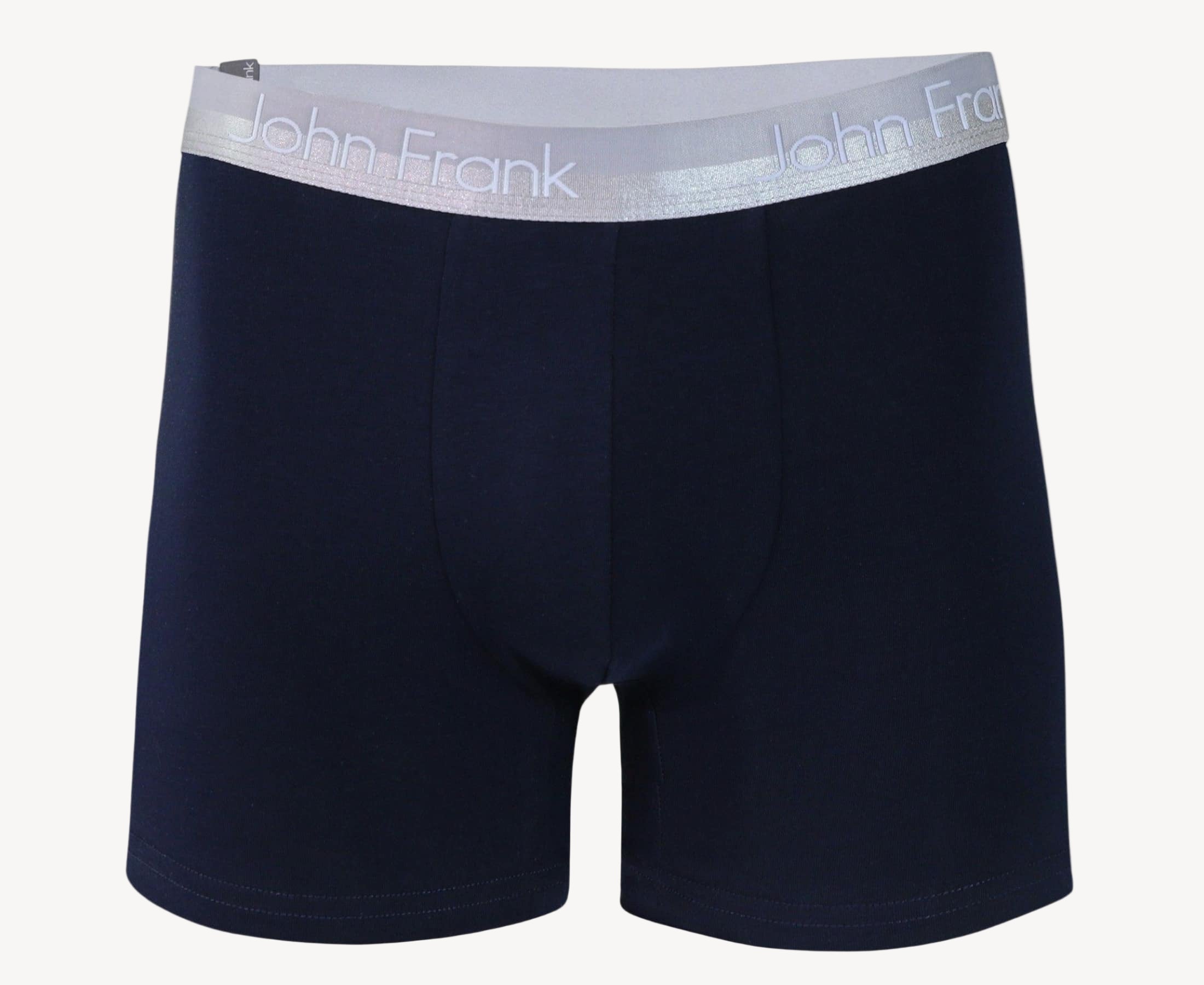 Front view of men’s 95% cotton boxer brief in navy with white shiny waistband, invisible seams and soft stretch