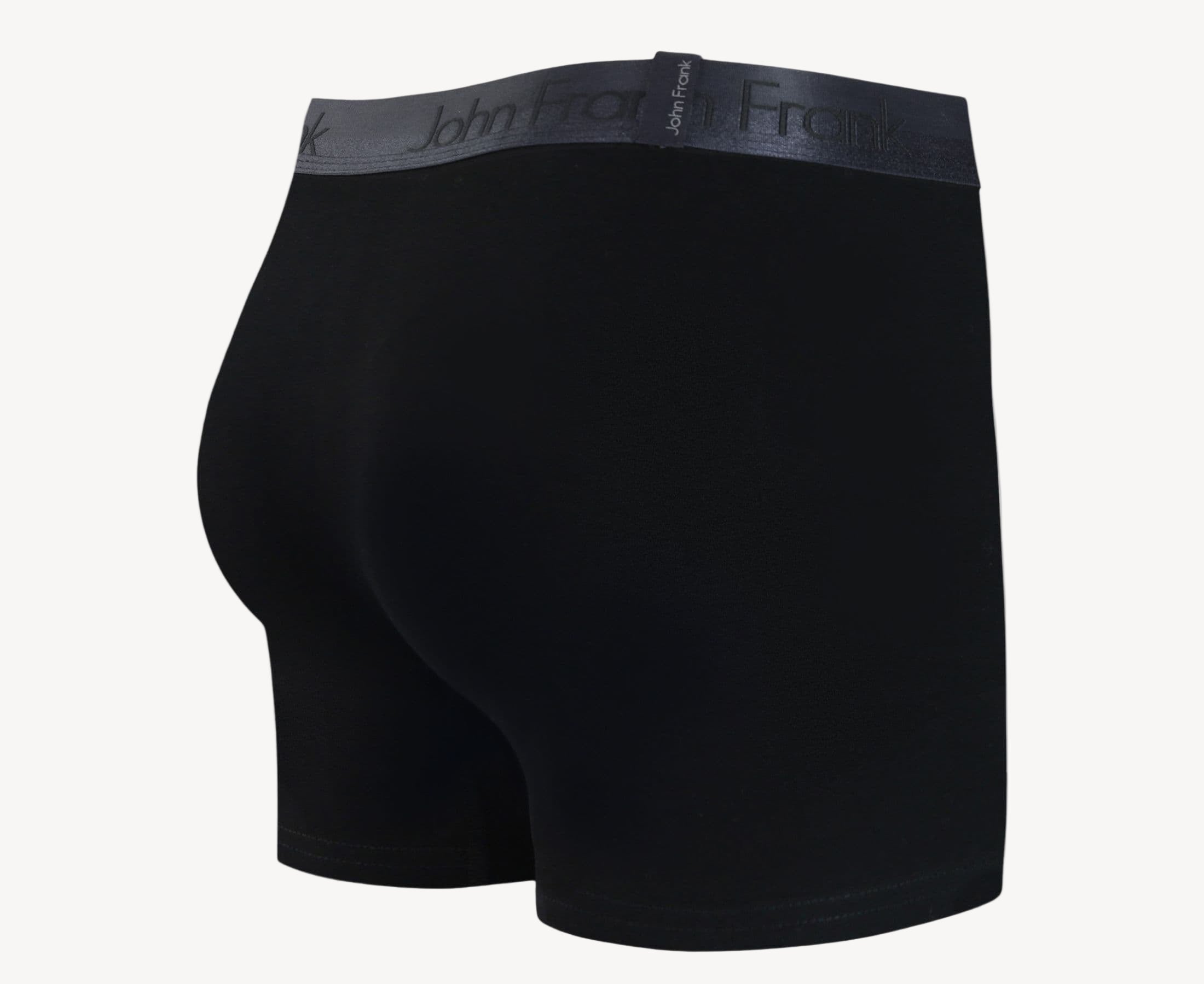 Back view of men’s 95% cotton boxer brief in black with pitch black shiny waistband and rear detail