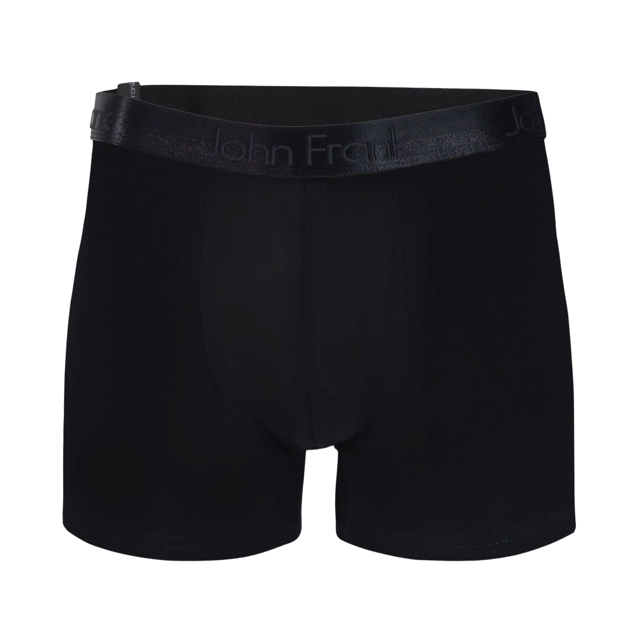 Front view of men’s 95% cotton boxer brief in black with pitch black shiny waistband, invisible seams and soft stretch
