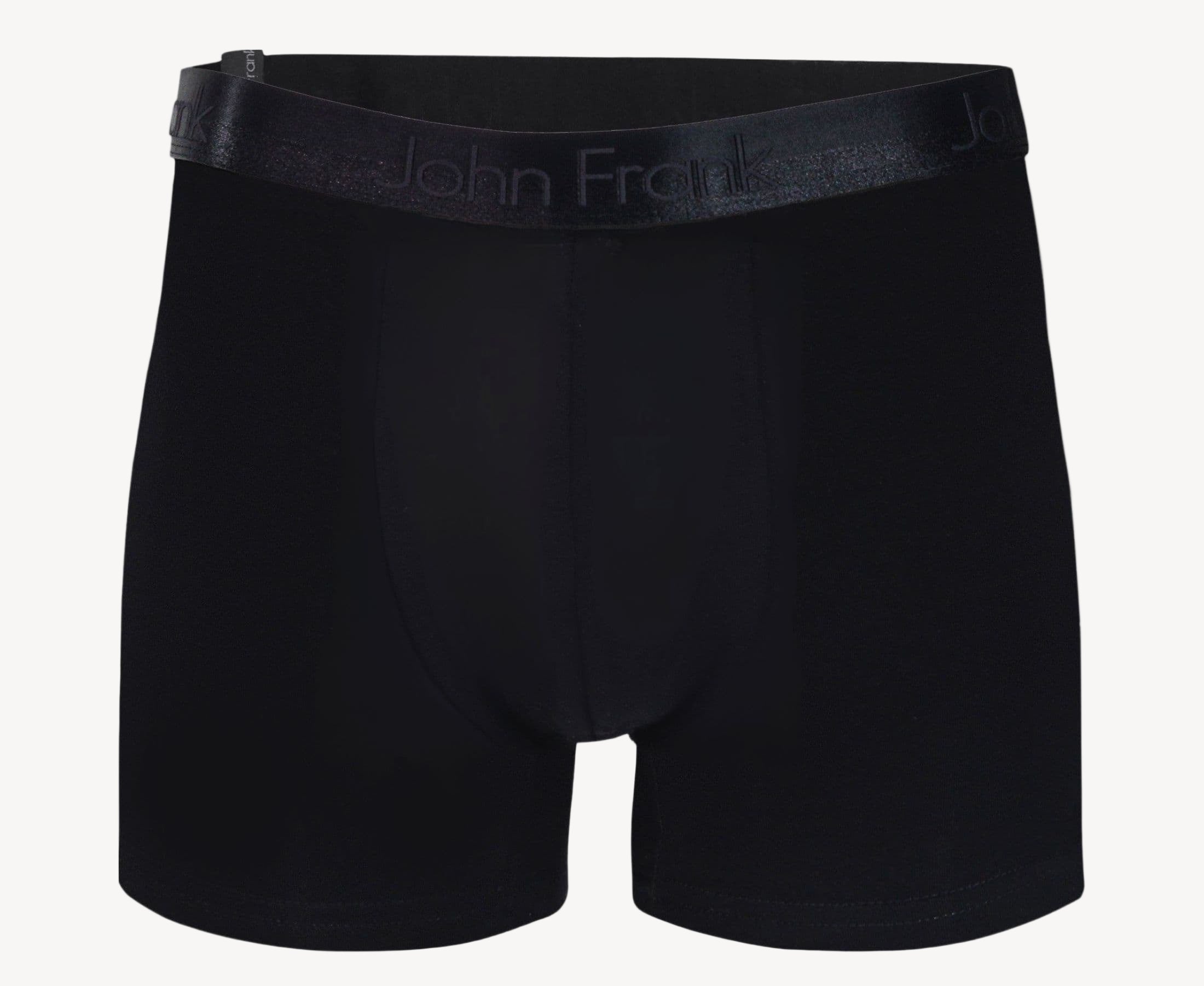 Front view of men’s 95% cotton boxer brief in black with pitch black shiny waistband, invisible seams and soft stretch