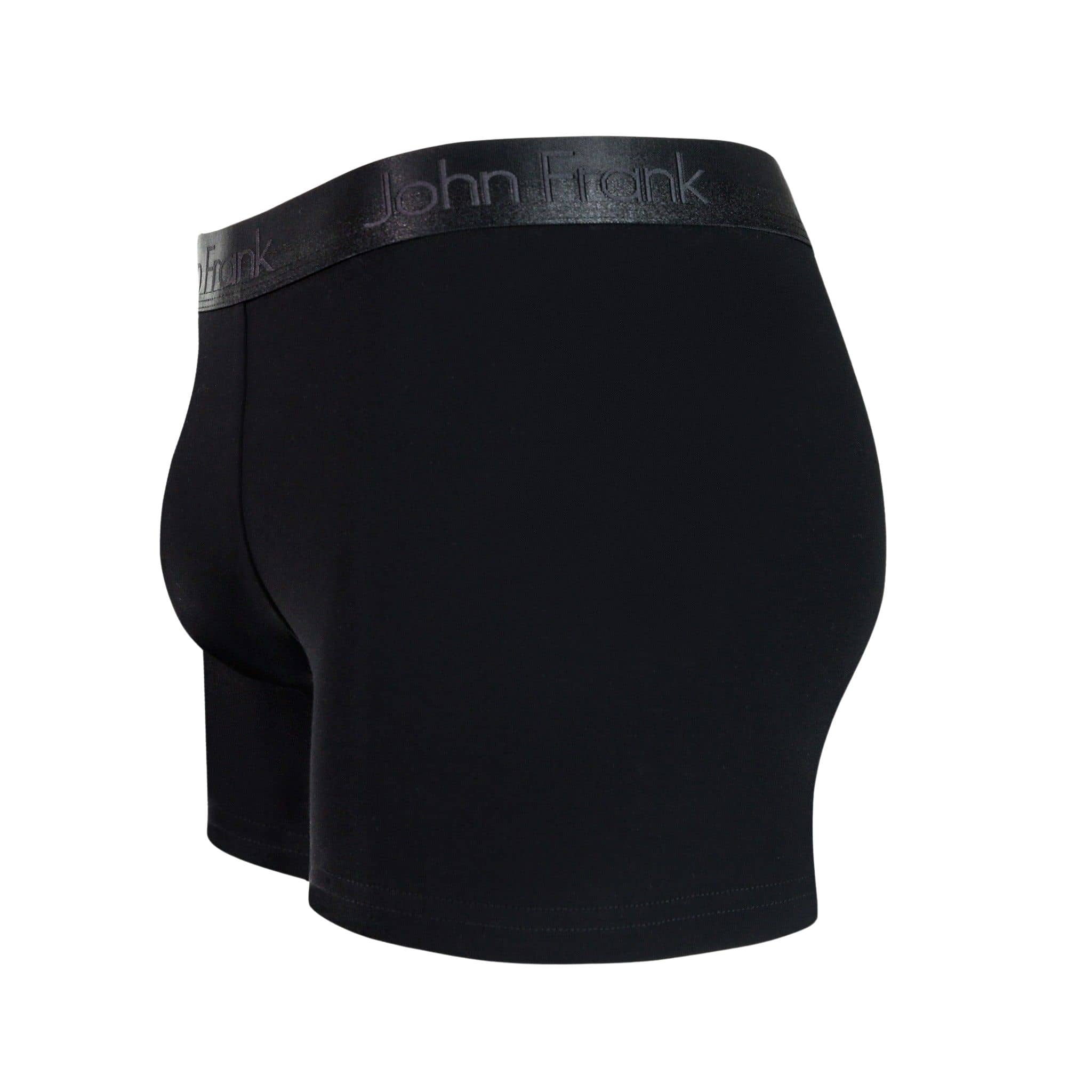 Side view of men’s 95% cotton boxer brief in black with pitch black shiny waistband, contoured pouch, and tailored leg cut