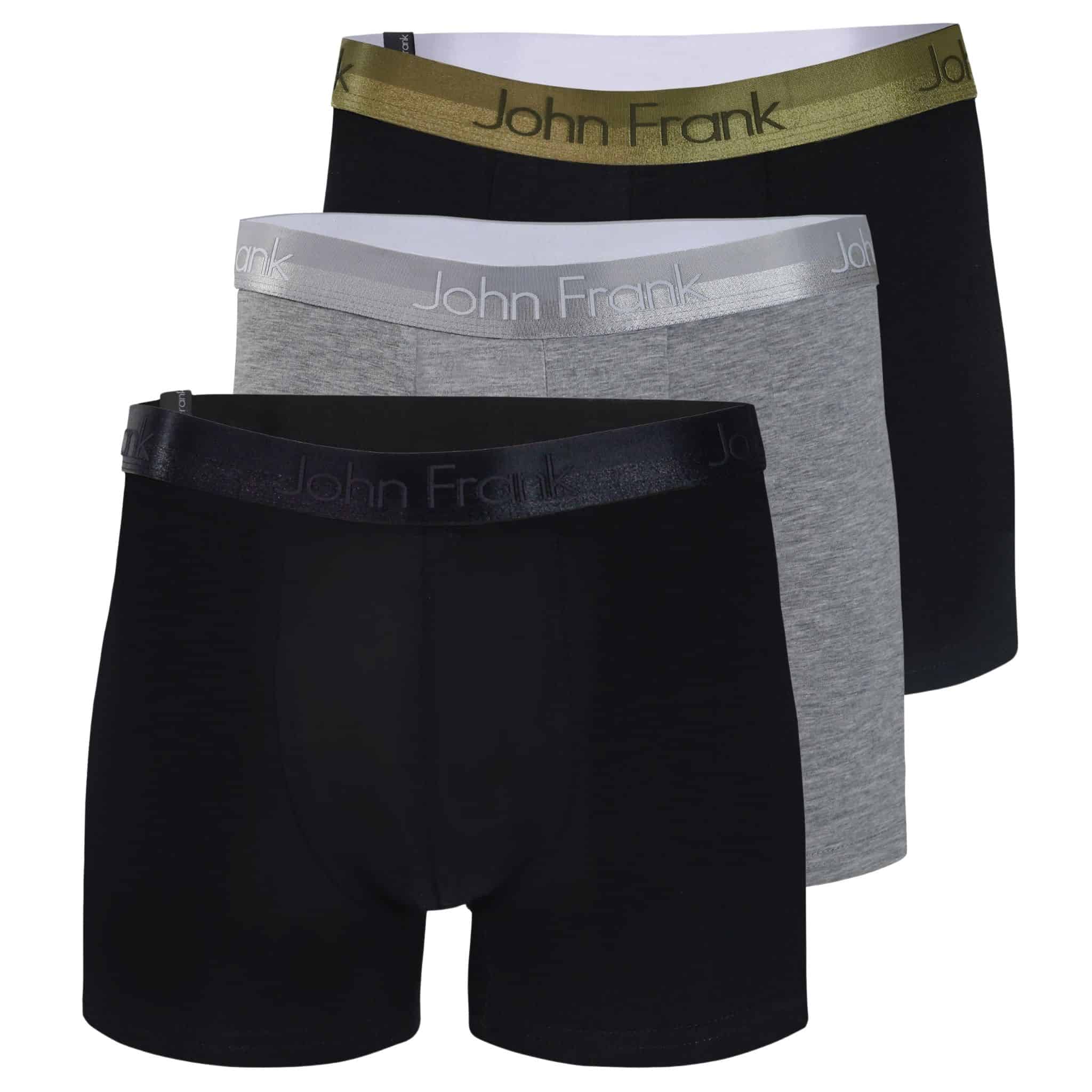 Full pack view of men’s 95% cotton boxer brief 3-pack — one black with pitch black shiny waistband, one stone gray with gray shiny waistband, and one black with yellow-metal shiny waistband